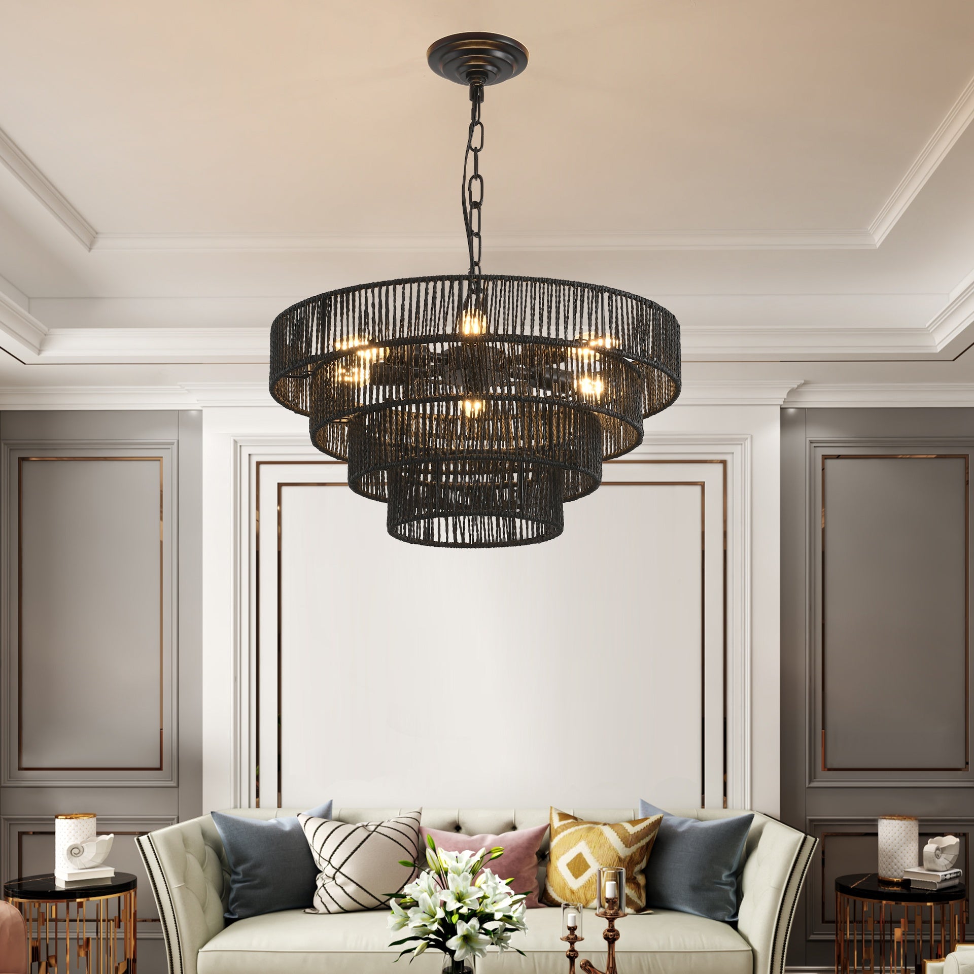 20" Rustic 4-Tier Black Hemp Rope Pendant Light Chandelier with 6 E12 Sockets, Handmade Tiered Boho Ceiling Light Fixture for Dining Room, Kitchen, or Foyer (Bulb Not Included)