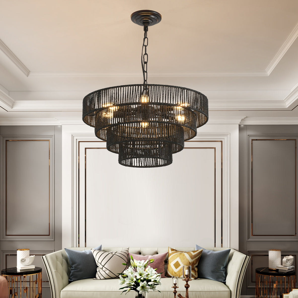 20" Rustic 4-Tier Black Hemp Rope Pendant Light Chandelier with 6 E12 Sockets, Handmade Tiered Boho Ceiling Light Fixture for Dining Room, Kitchen, or Foyer (Bulb Not Included)