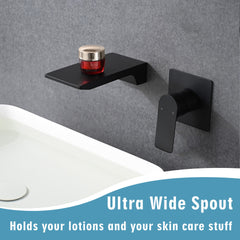 Matte Balck Wall Mount Bathroom Sink Faucet, Single Handle Bathtub Faucet with Waterfall Spout Brass Rough-in Valve Included