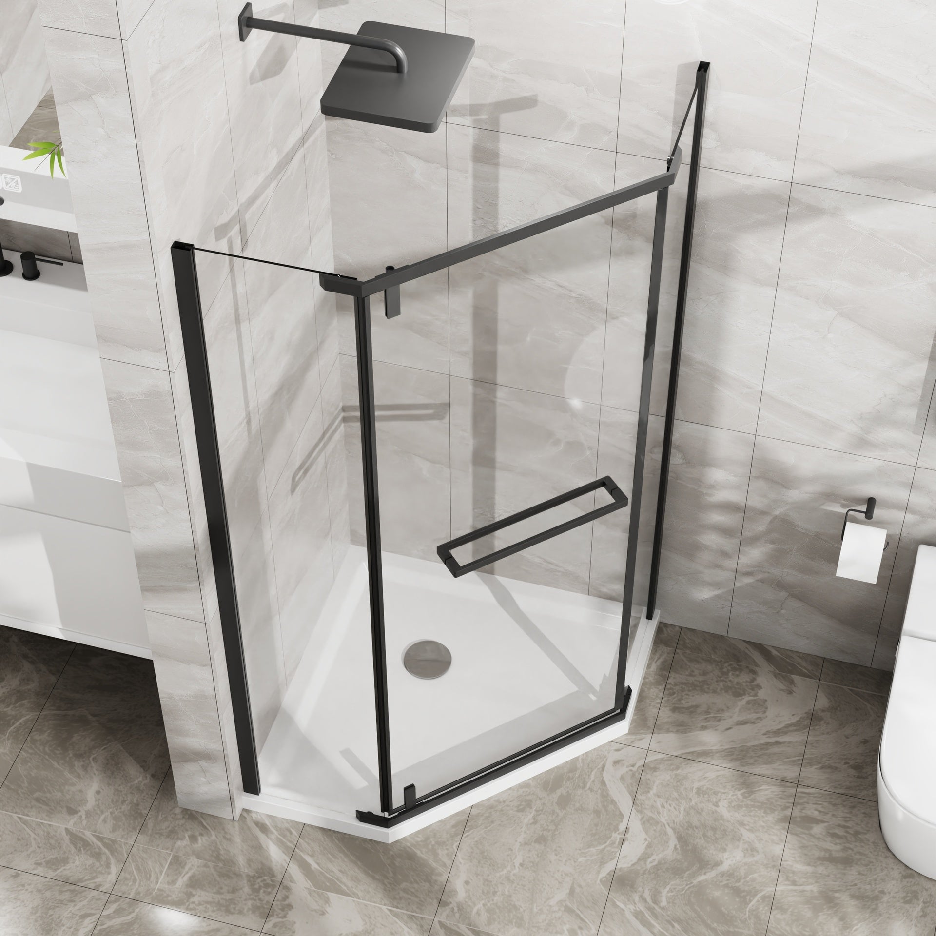 Goodyo Neo-Angle Frameless Shower Door 36 in.D x 36 in.W x 72 in.H Corner Shower Enclosure with Clear SGCC Tempered Glass Pivot Shower Door in Matte Black Finish