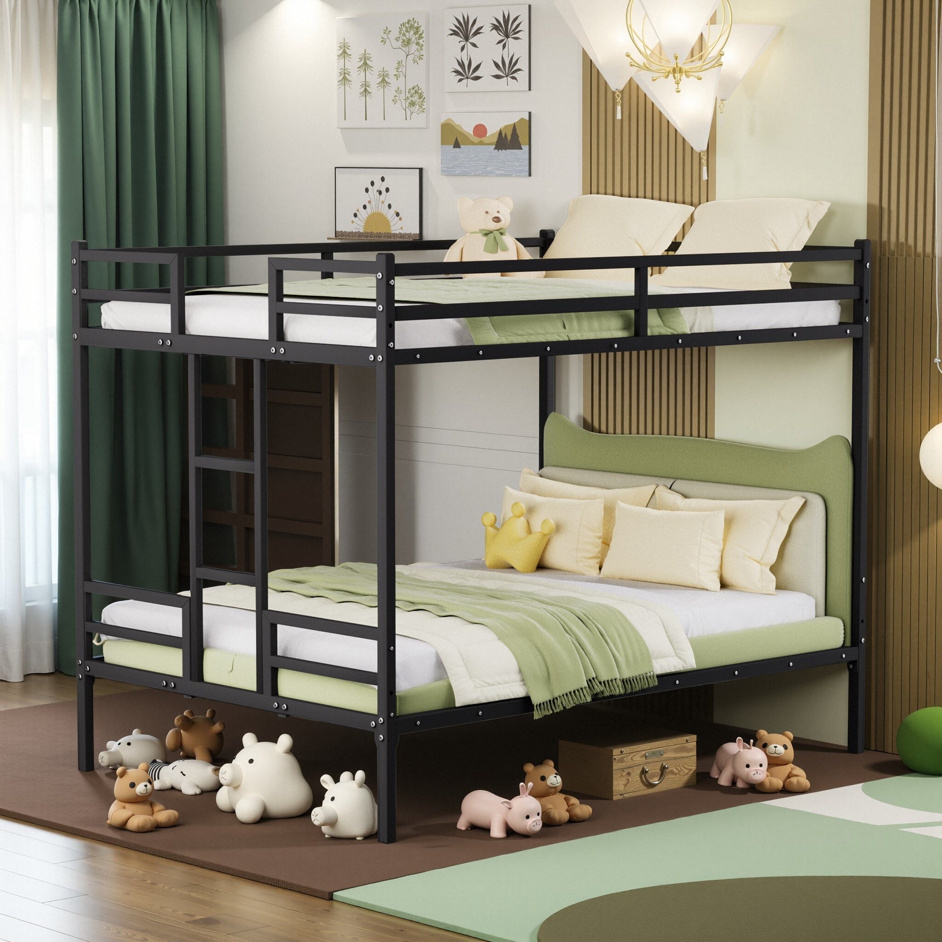 Queen Bunk Bed, Metal Bed Frame With Full-Length Guardrail and Ladder, Black,Custom mattress needed