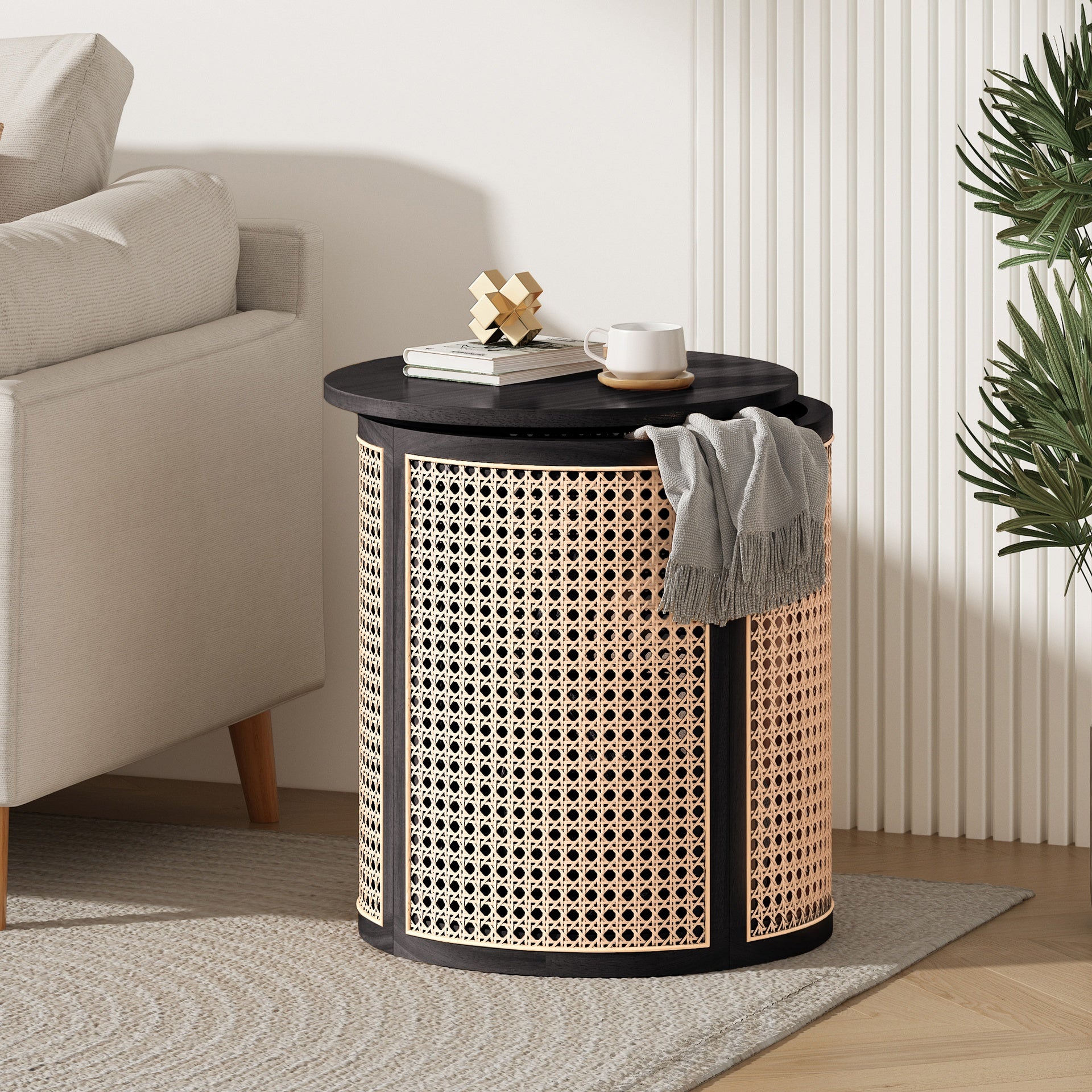 15.70" Round End Table, Hollow Woven Side Table, Small Rubber Wood Nightstand, Rattan Woven Tea Desk, Round Wood Tabletop, Chic Home Decor Desk, Easy Assembly, Black Color