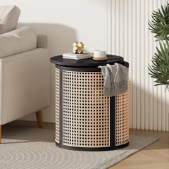 15.70" Round End Table, Hollow Woven Side Table, Small Rubber Wood Nightstand, Rattan Woven Tea Desk, Round Wood Tabletop, Chic Home Decor Desk, Easy Assembly, Black Color
