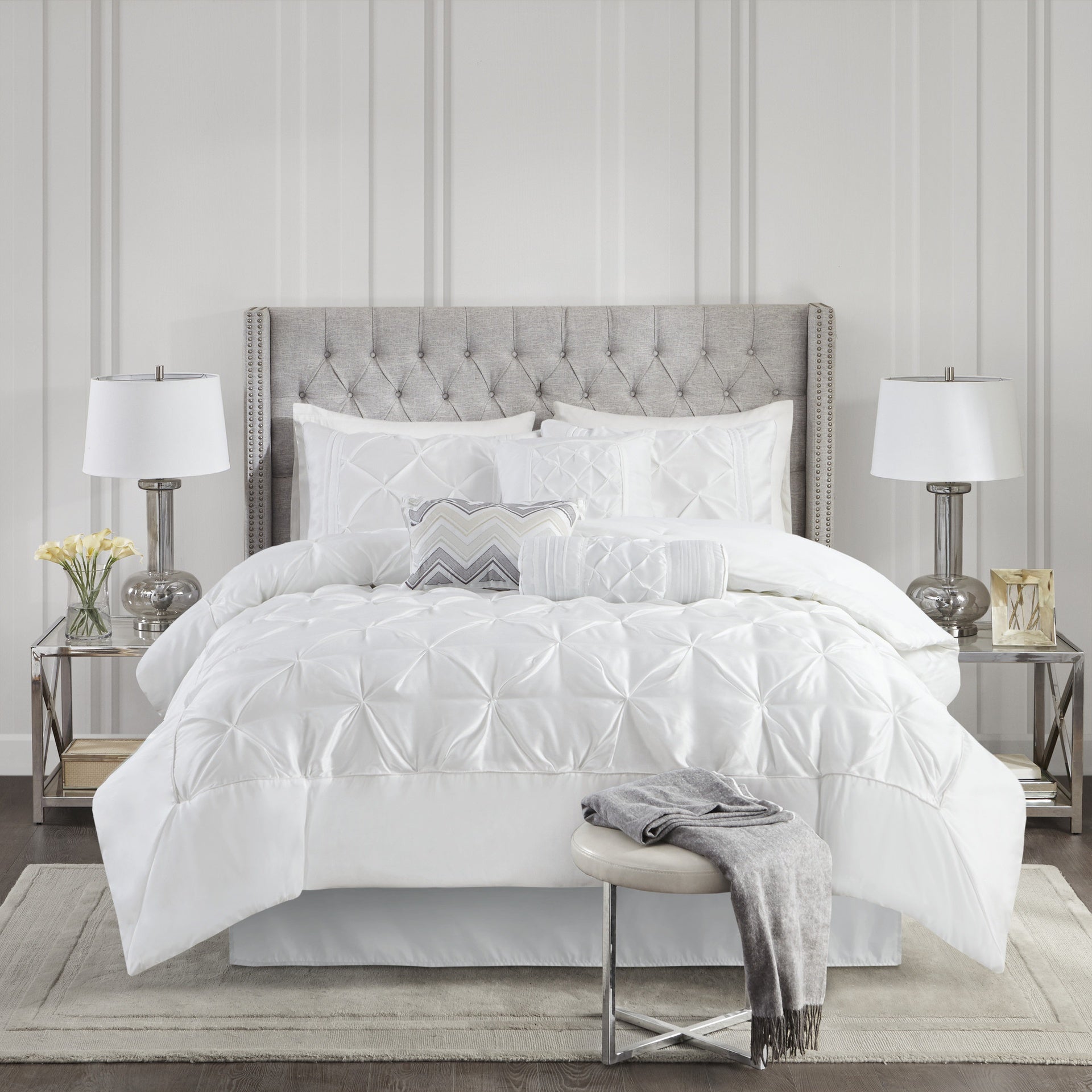 7-Piece Queen 100% Polyester Pieced Pleated Tufted Comforter Set