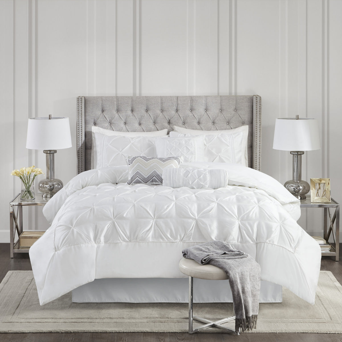 7-Piece Queen 100% Polyester Pieced Pleated Tufted Comforter Set