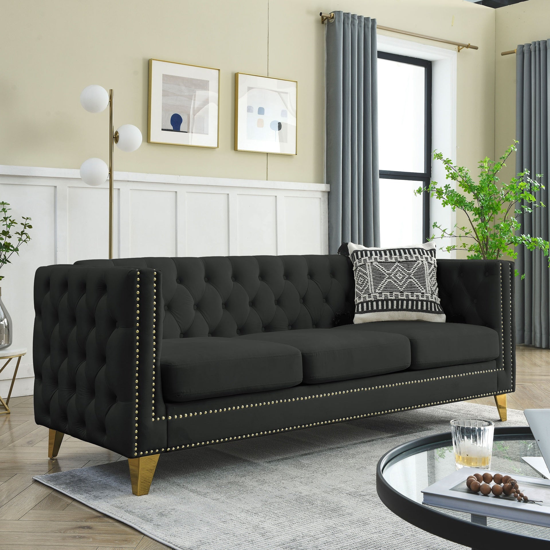 Velvet Sofa for Living Room,Buttons Tufted Square Arm Couch, Modern Couch Upholstered Button and Metal Legs, Sofa Couch for Bedroom, Black Velvet ,2PCS