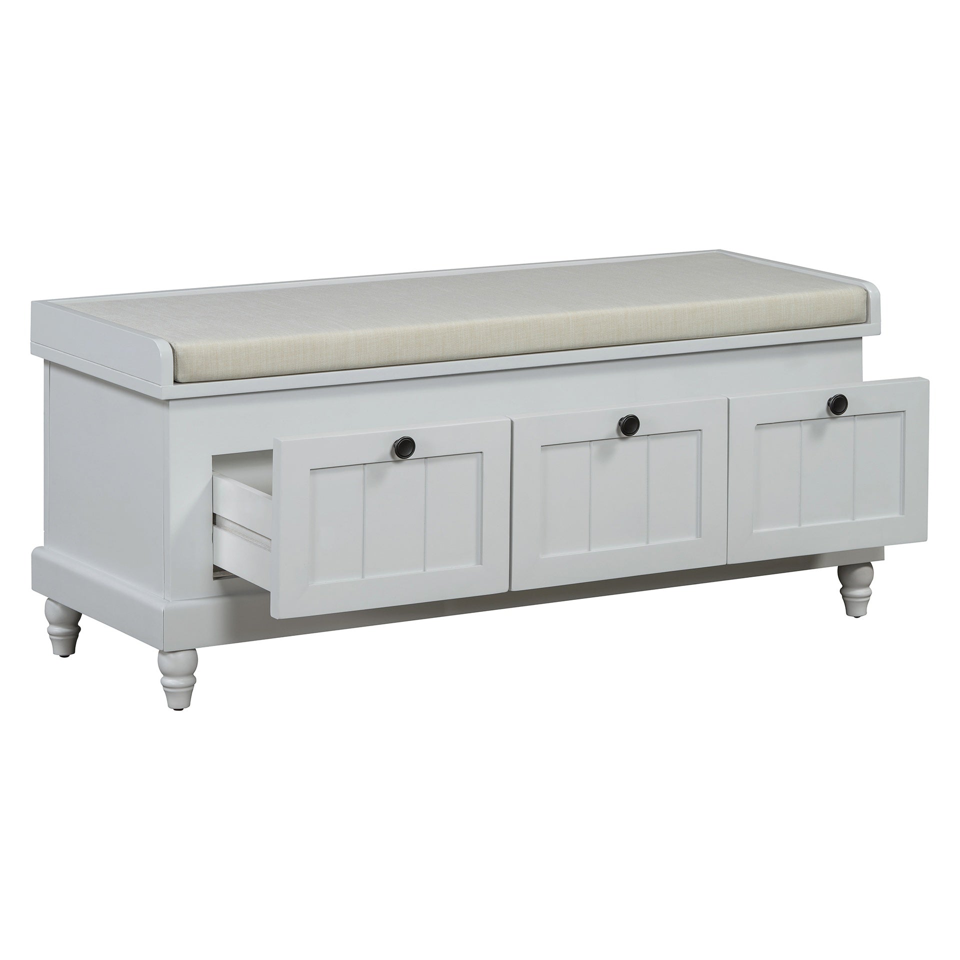 TREXM Classic Shoe Bench with Cushion and Three Drawers, Fluted Entryway Bench with Storage for Living Room, Entryway, and Hallways