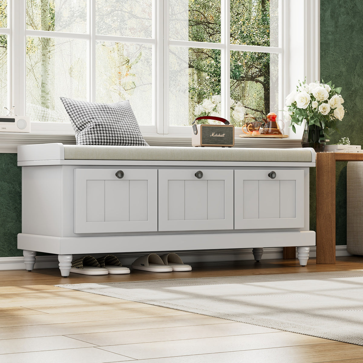 TREXM Classic Shoe Bench with Cushion and Three Drawers, Fluted Entryway Bench with Storage for Living Room, Entryway, and Hallways