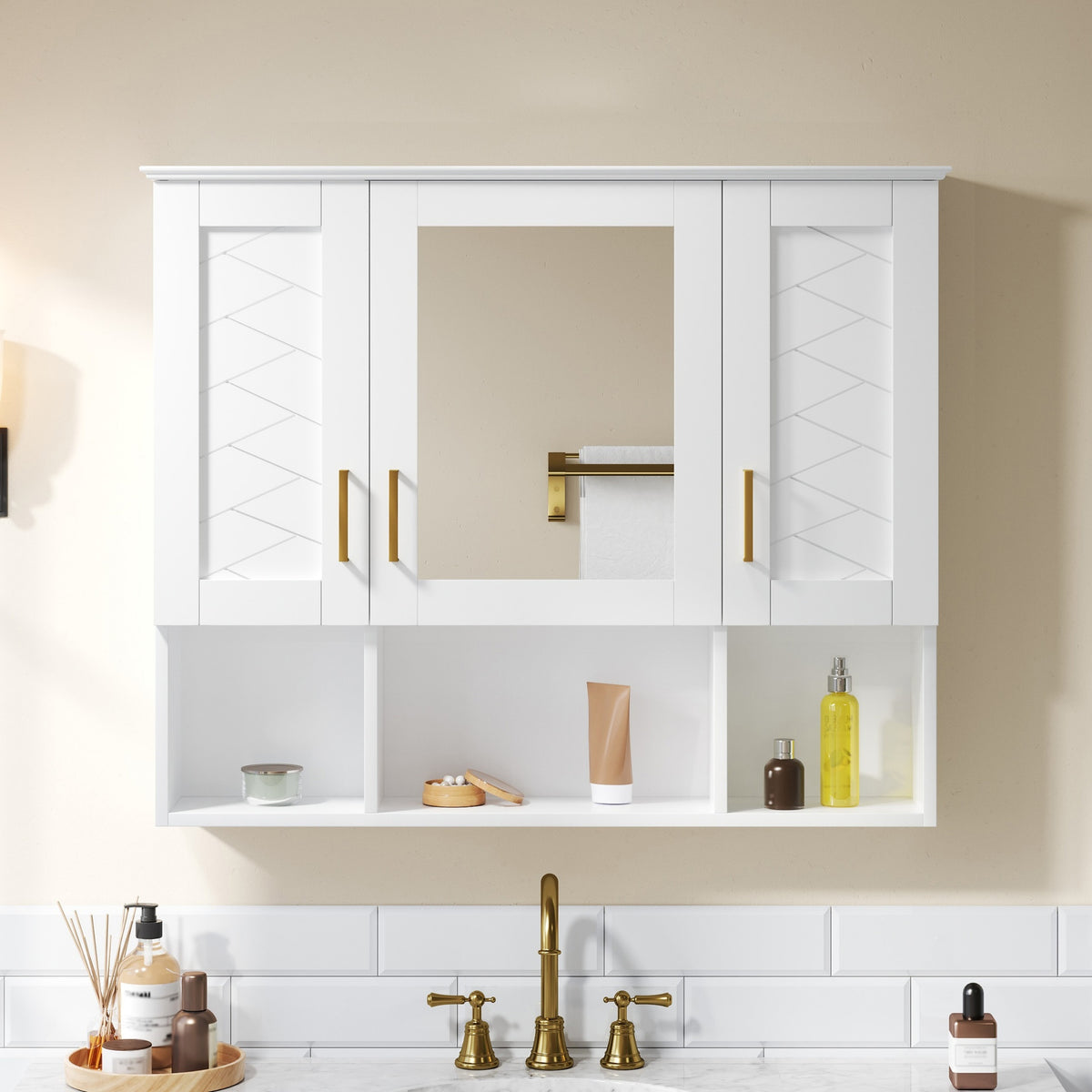 35 inch 2-in-1  Wall Mounted Medicine Cabinet with Adjustable Shelves & Soft Close Doors, High-Define Mirror with Storage for Bathroom Vanity