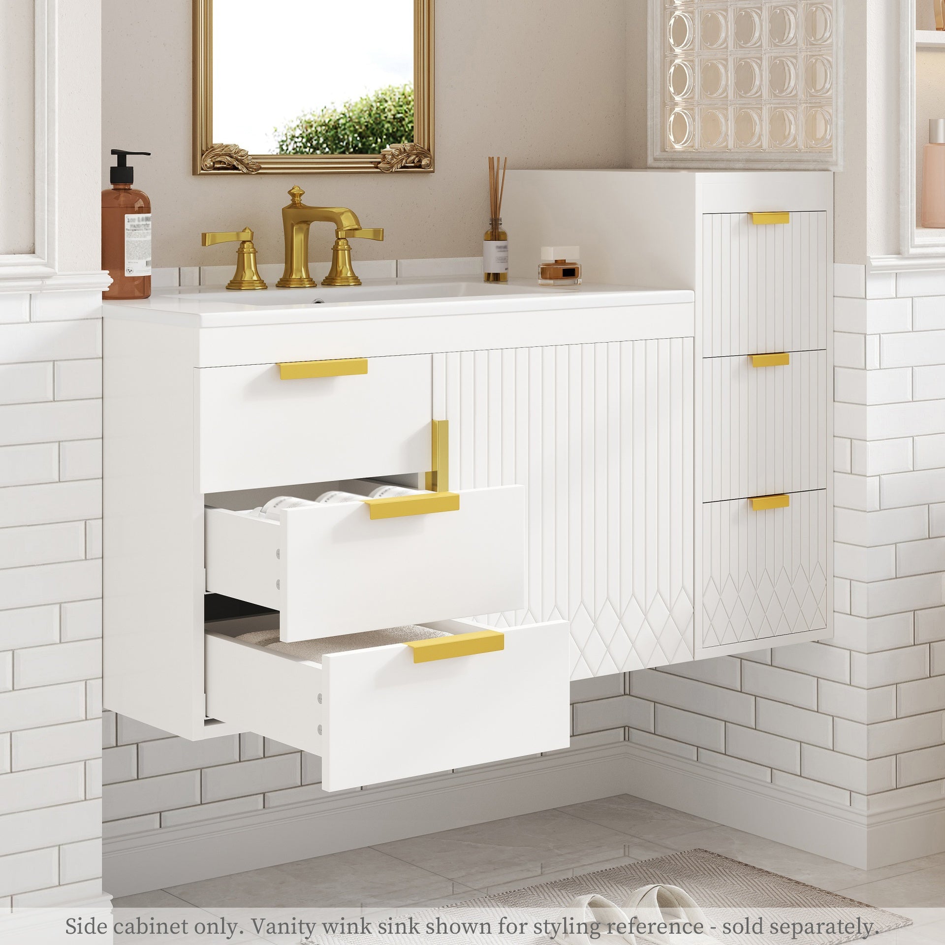 Wall Mounted Floating Cabinet, 12inch Side Cabinet with Drawers, Mutifunctional Cabinet for Bathroom, Living Room (Bathroom Vanity Not Included)