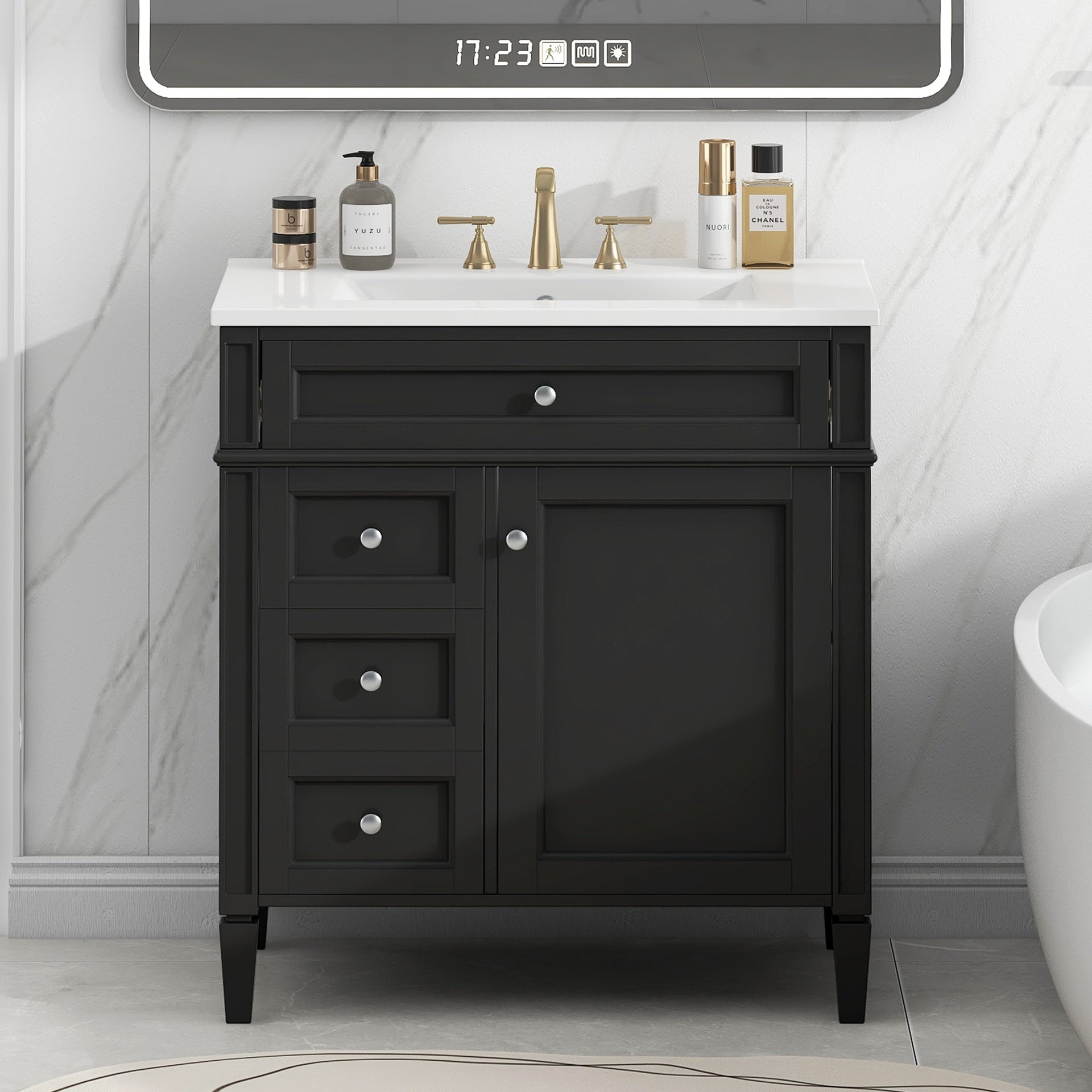 30'' Bathroom Vanity with Top Sink, Modern Bathroom Storage Cabinet with 2 Drawers and a Tip-out Drawer, Single Sink Bathroom Vanity
