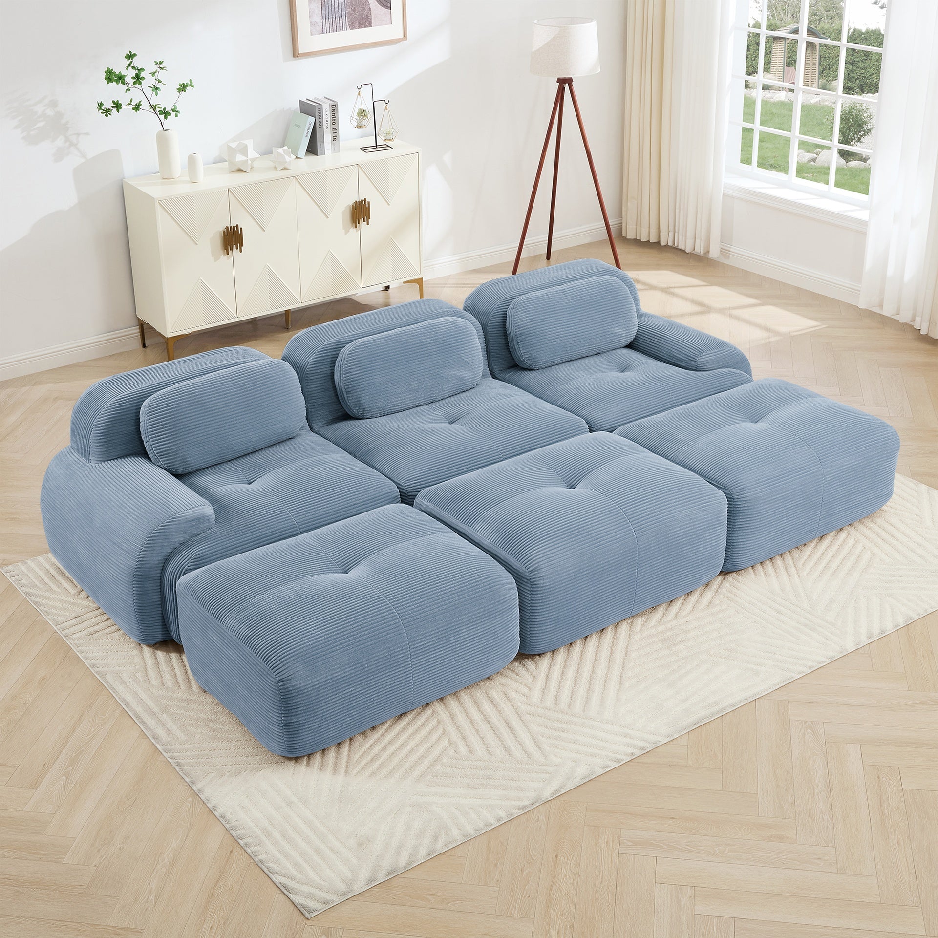 Three-seat modular sofa with 3 Ottomans corduroy fabric no assembly pet-friendly ultra-wide curved armrests 32D high-resilience sponge living rooms media rooms,Blue