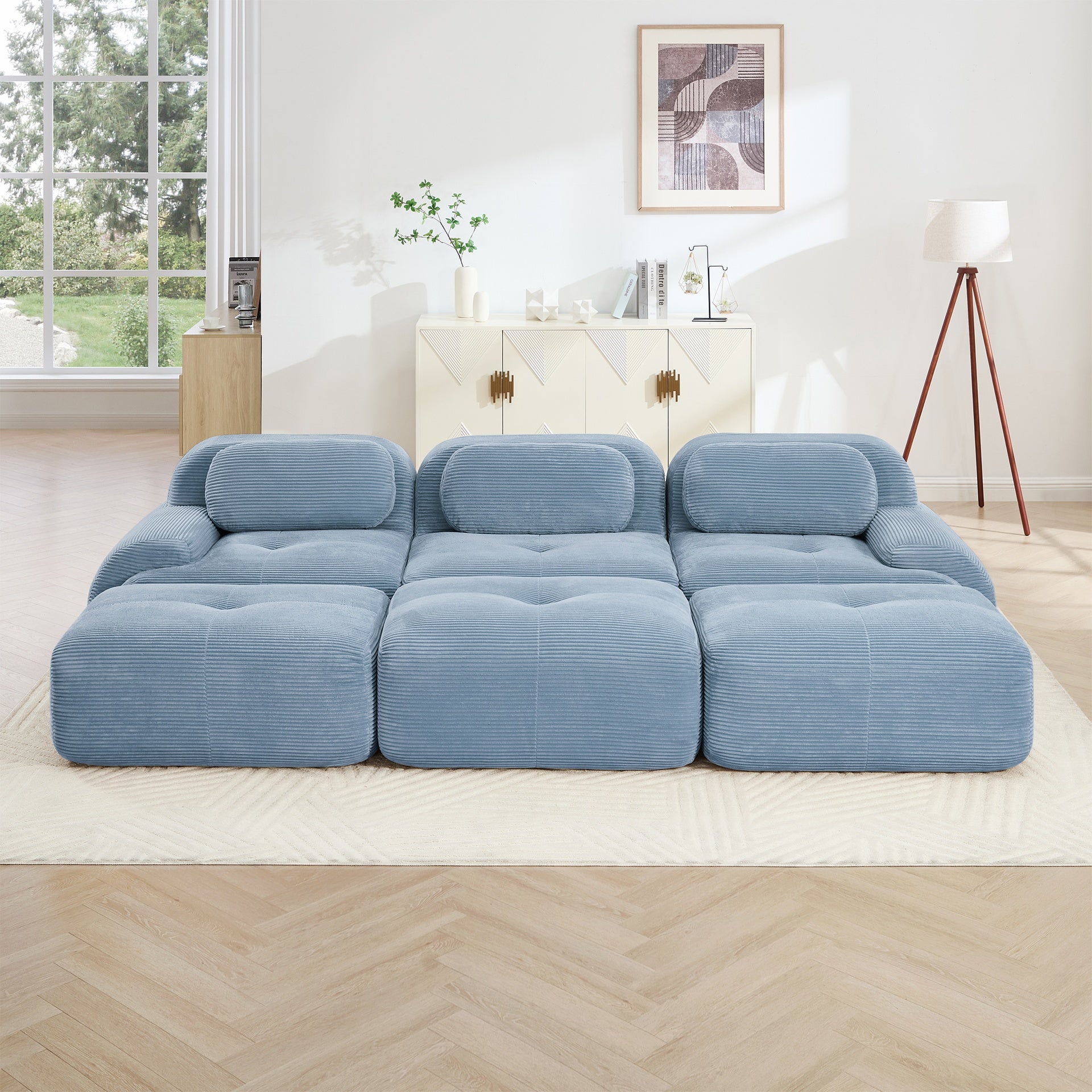 Three-seat modular sofa with 3 Ottomans corduroy fabric no assembly pet-friendly ultra-wide curved armrests 32D high-resilience sponge living rooms media rooms,Blue