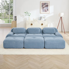 Three-seat modular sofa with 3 Ottomans corduroy fabric no assembly pet-friendly ultra-wide curved armrests 32D high-resilience sponge living rooms media rooms,Blue