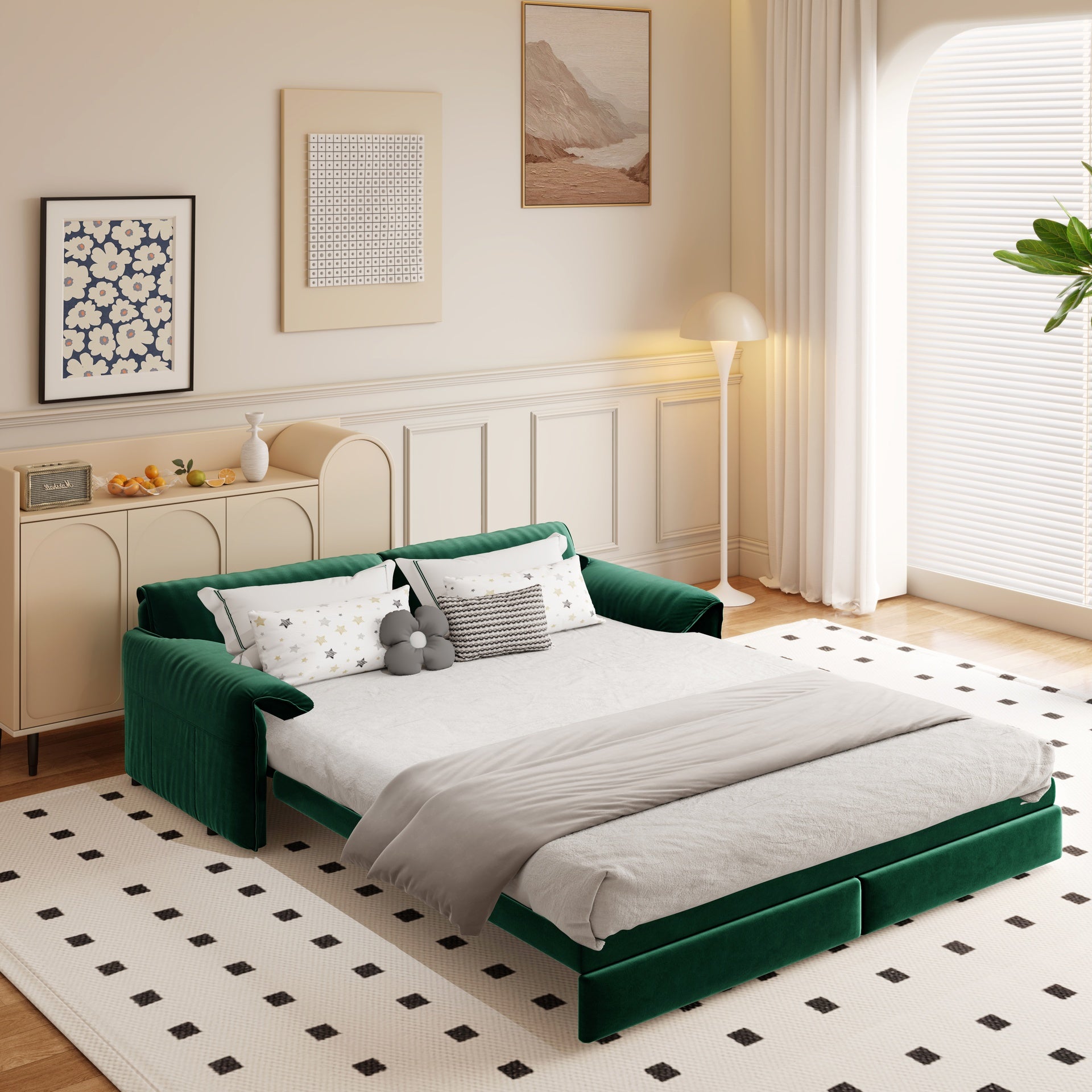 66" Queen Pull Out Sofa Bed, 3-in-1 Convertible Sleeper Sofa with Side Storage,Multi-Functional Velvet Loveseat Bed for Living Room,Bedroom,Apartment,Office.(Old Sku:W1885S00046/W1885S00116)