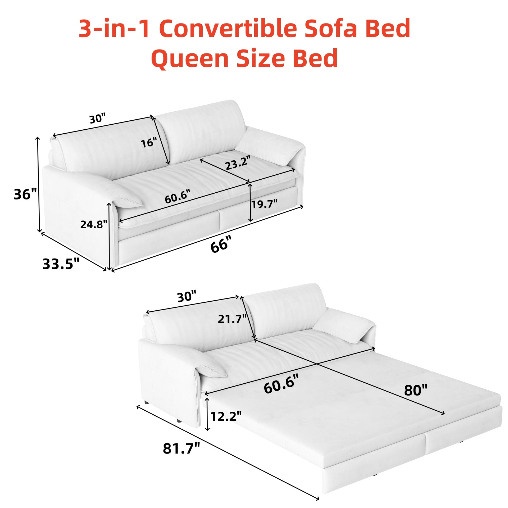 66" Queen Pull Out Sofa Bed, 3-in-1 Convertible Sleeper Sofa with Side Storage,Multi-Functional Velvet Loveseat Bed for Living Room,Bedroom,Apartment,Office.(Old Sku:W1885S00046/W1885S00116)