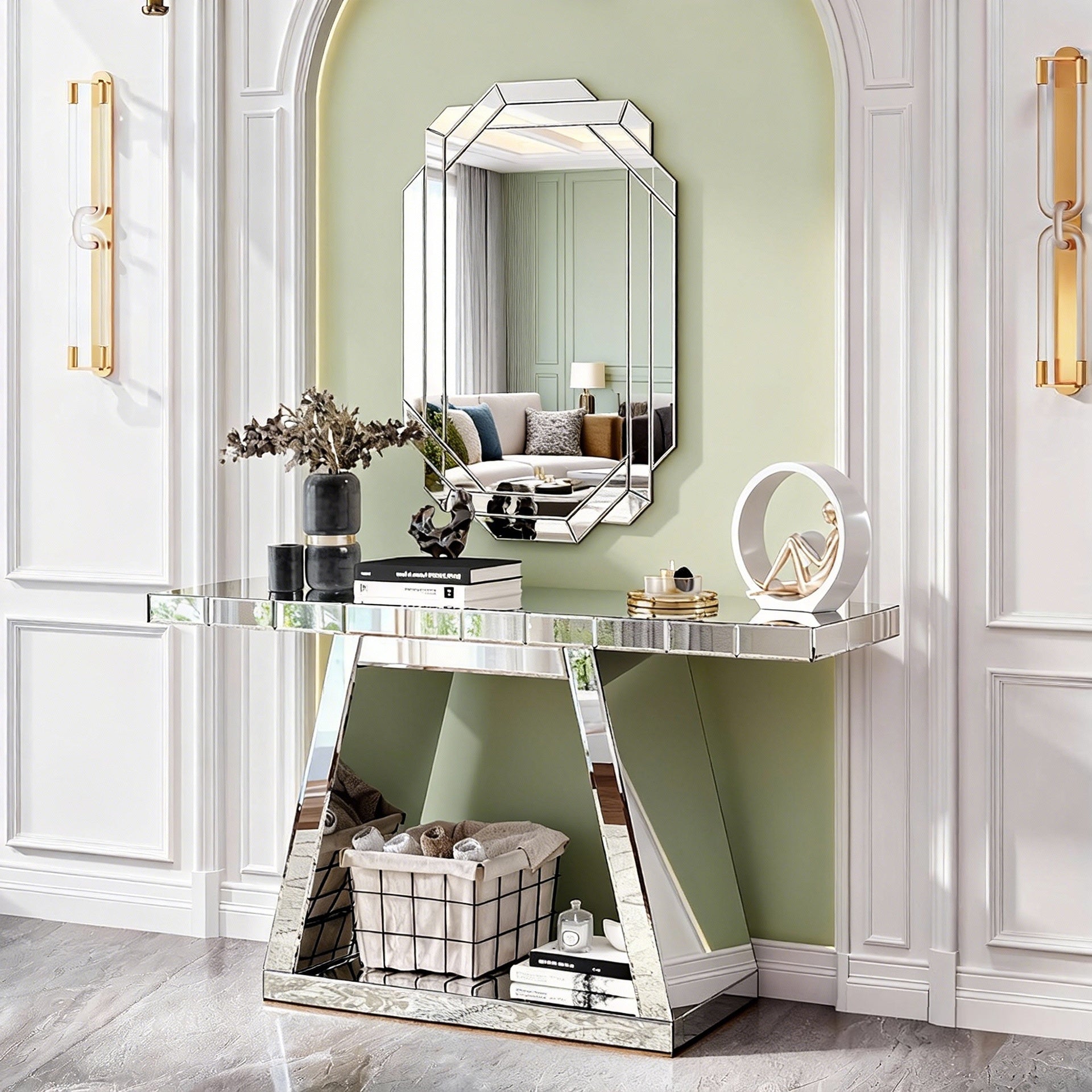 55.9" Modern Luxe Full-Body Mirror Entryway Table with Trapezoid Base – 360° Reflective Console Table, Sturdy Wooden Frame, Scratch-Resistant Design & Open Storage for Hallway, Living Room, Staircase