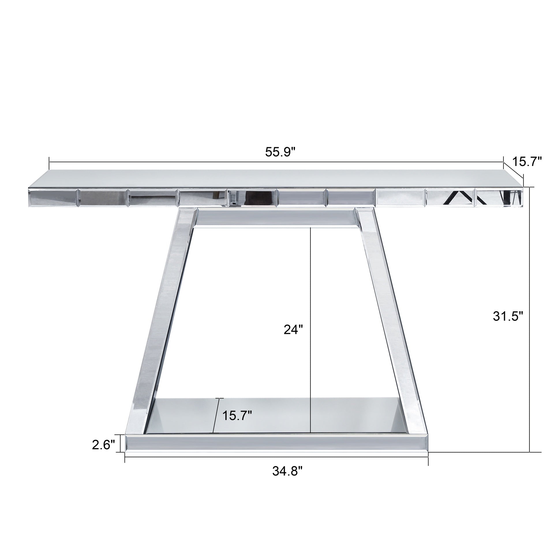 55.9" Modern Luxe Full-Body Mirror Entryway Table with Trapezoid Base – 360° Reflective Console Table, Sturdy Wooden Frame, Scratch-Resistant Design & Open Storage for Hallway, Living Room, Staircase