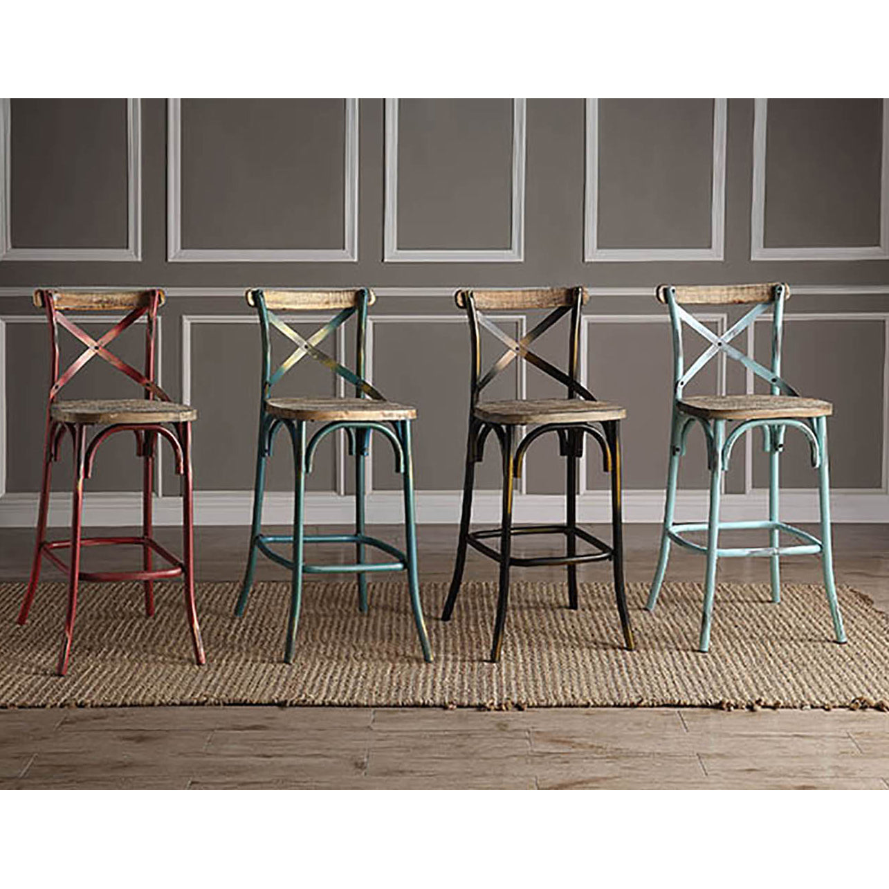 Antique Turquoise and Antique Oak Bar Stool with Cross Back