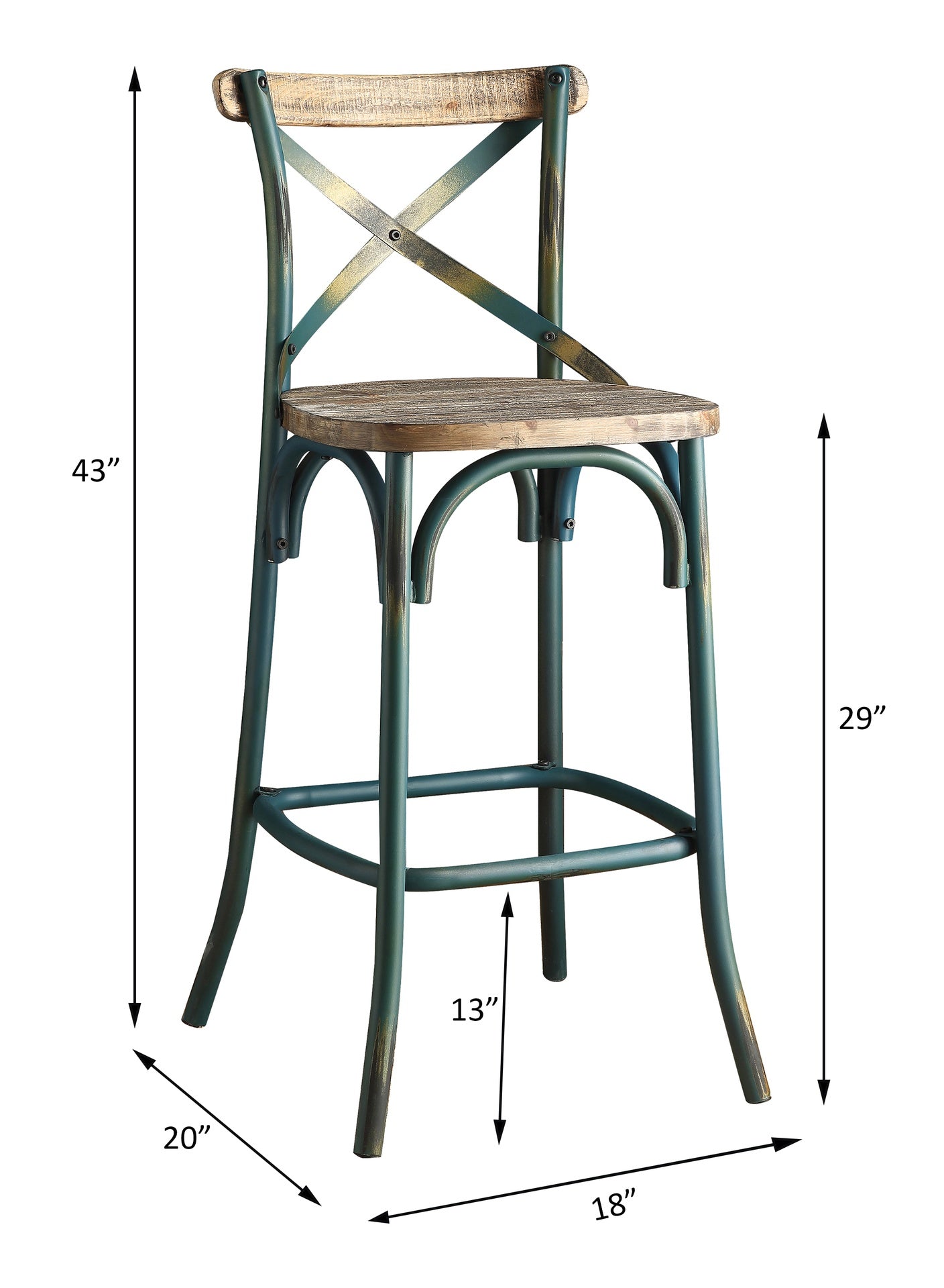 Antique Turquoise and Antique Oak Bar Stool with Cross Back