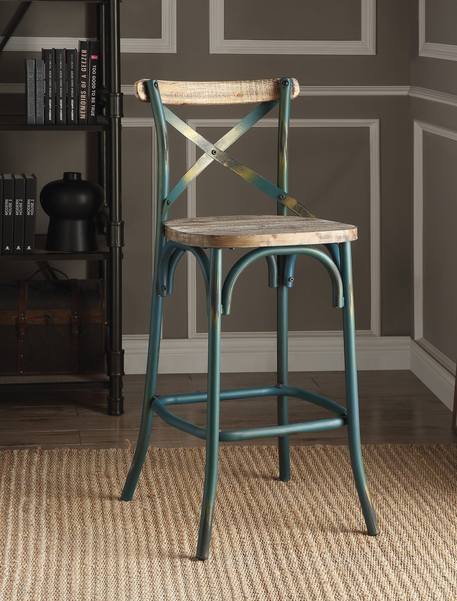 Antique Turquoise and Antique Oak Bar Stool with Cross Back
