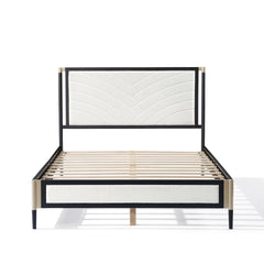 Full size Bed with White Boucle fabric Headboard,Champagne Silver+Black Frame