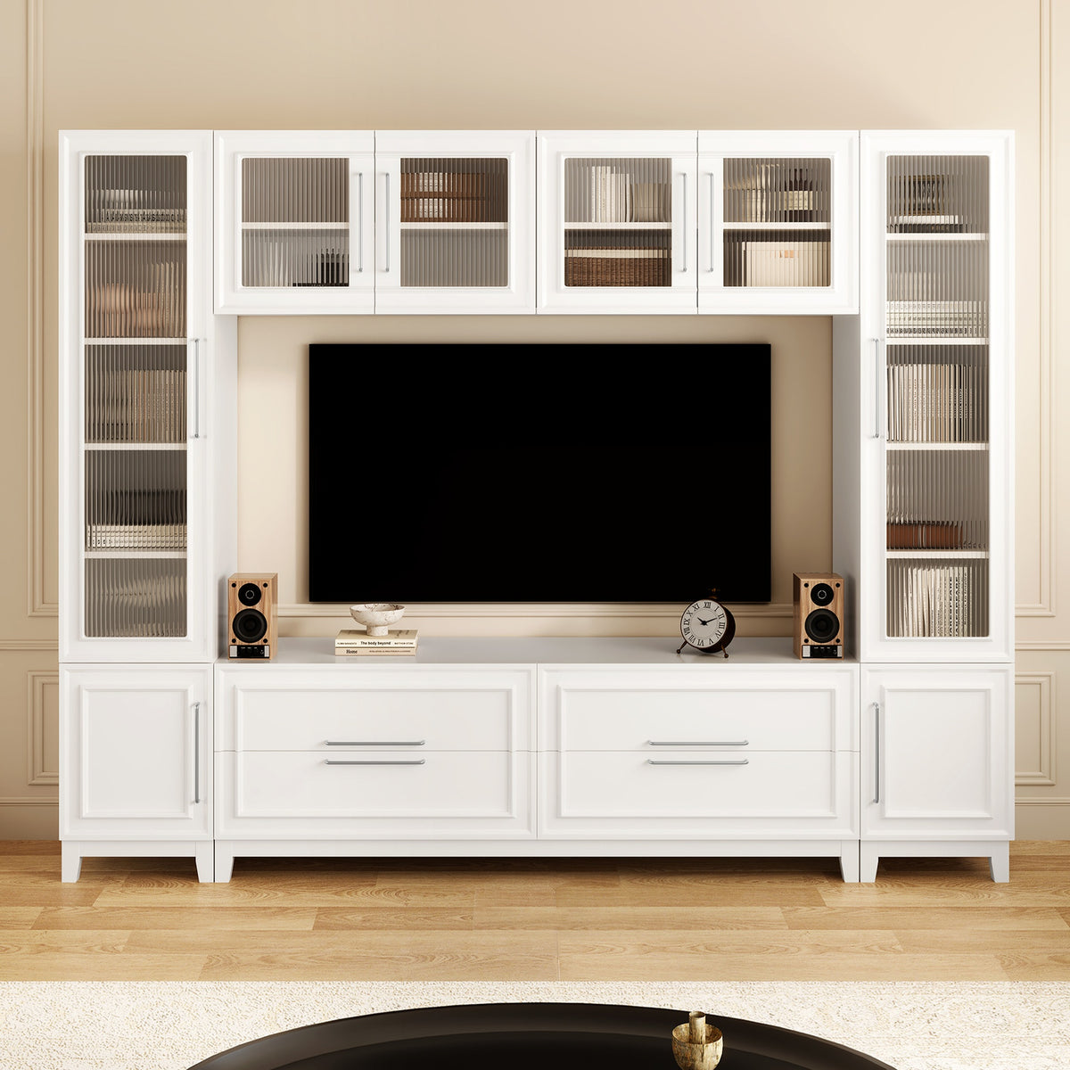 VIBE HAUS 102" W Wall Unit Modern Entertainment Center with Glass Doors for TVs up to 75", Large Minimalist TV Stand Media Console with Drawers for Living Room