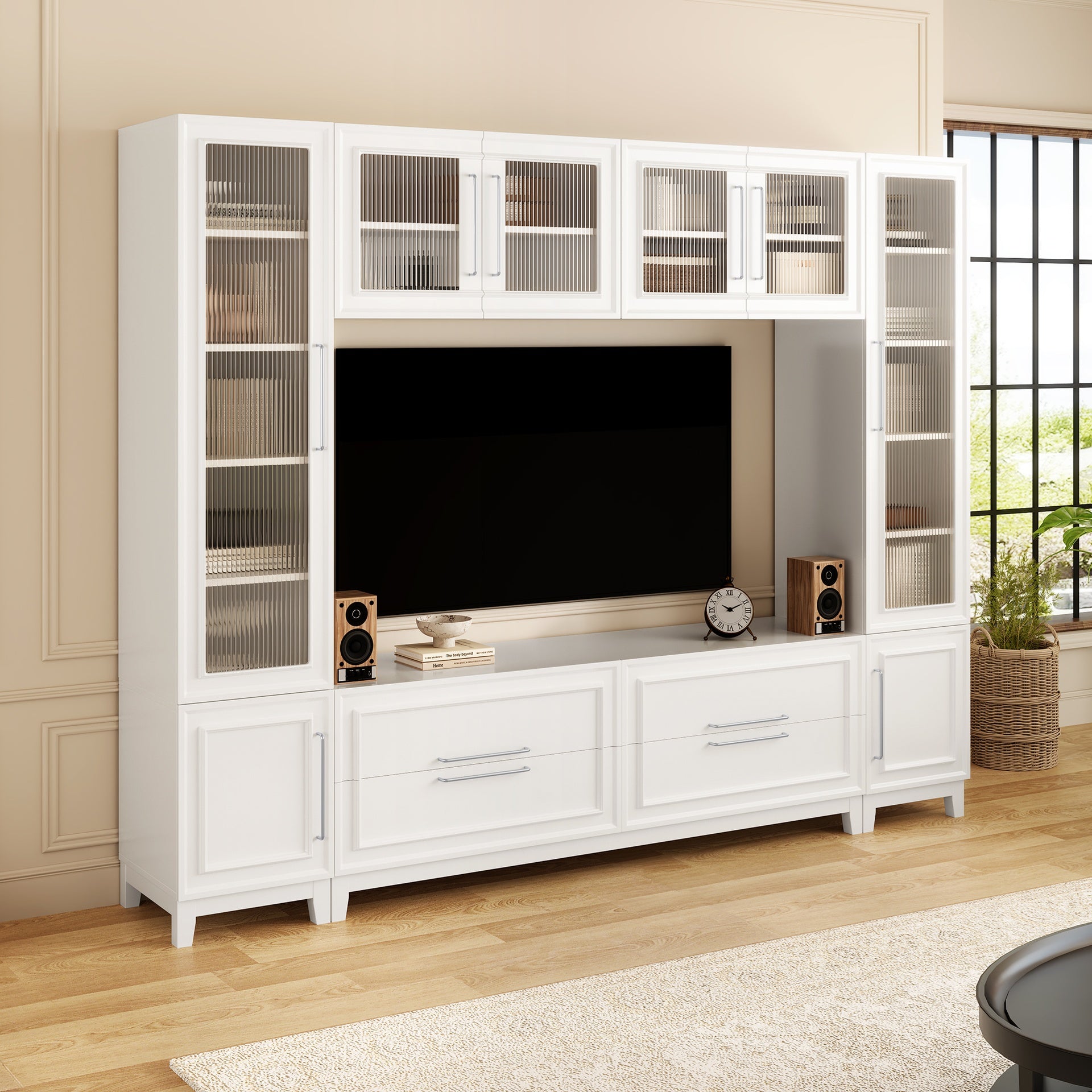 VIBE HAUS 102" W Wall Unit Modern Entertainment Center with Glass Doors for TVs up to 75", Large Minimalist TV Stand Media Console with Drawers for Living Room
