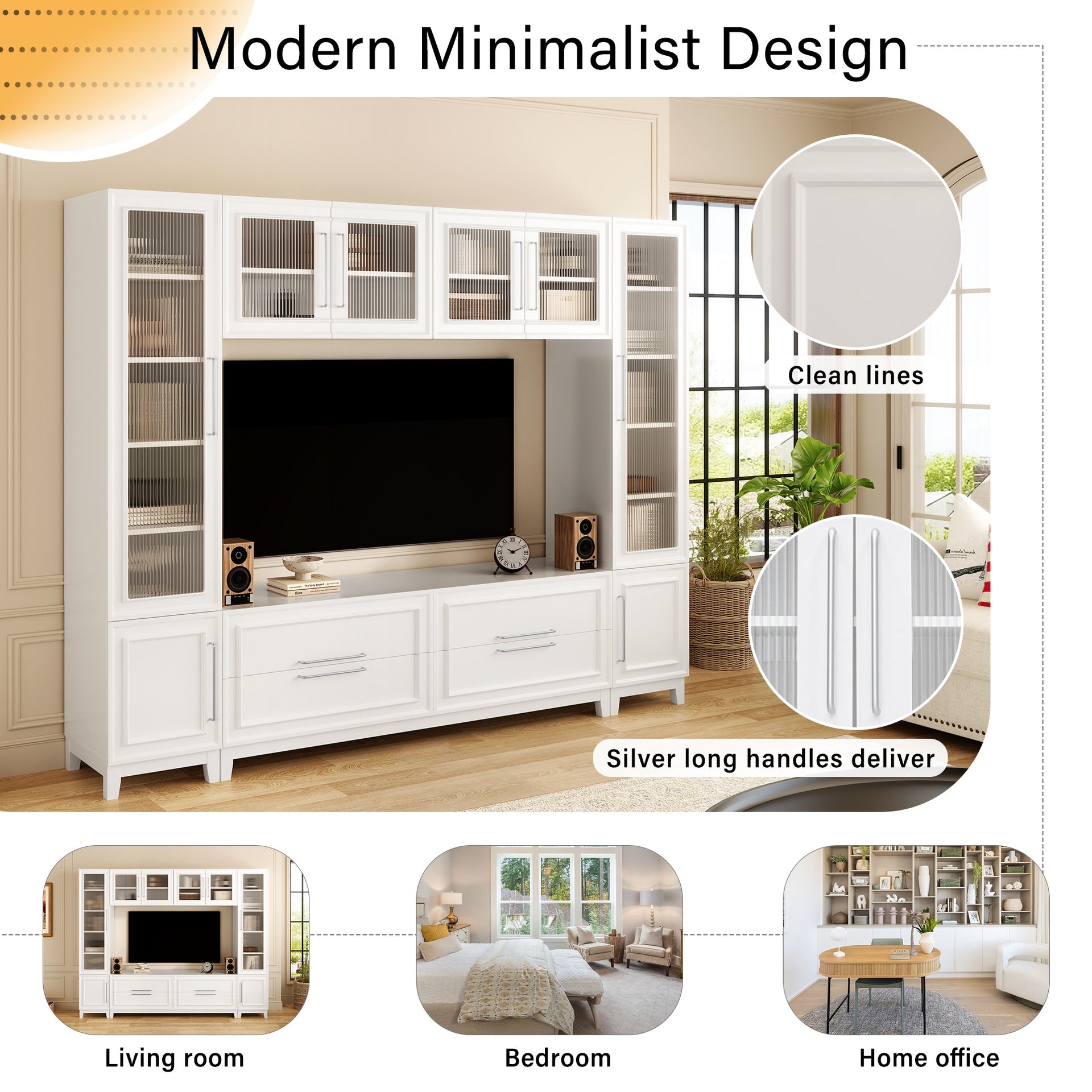 VIBE HAUS 102" W Wall Unit Modern Entertainment Center with Glass Doors for TVs up to 75", Large Minimalist TV Stand Media Console with Drawers for Living Room
