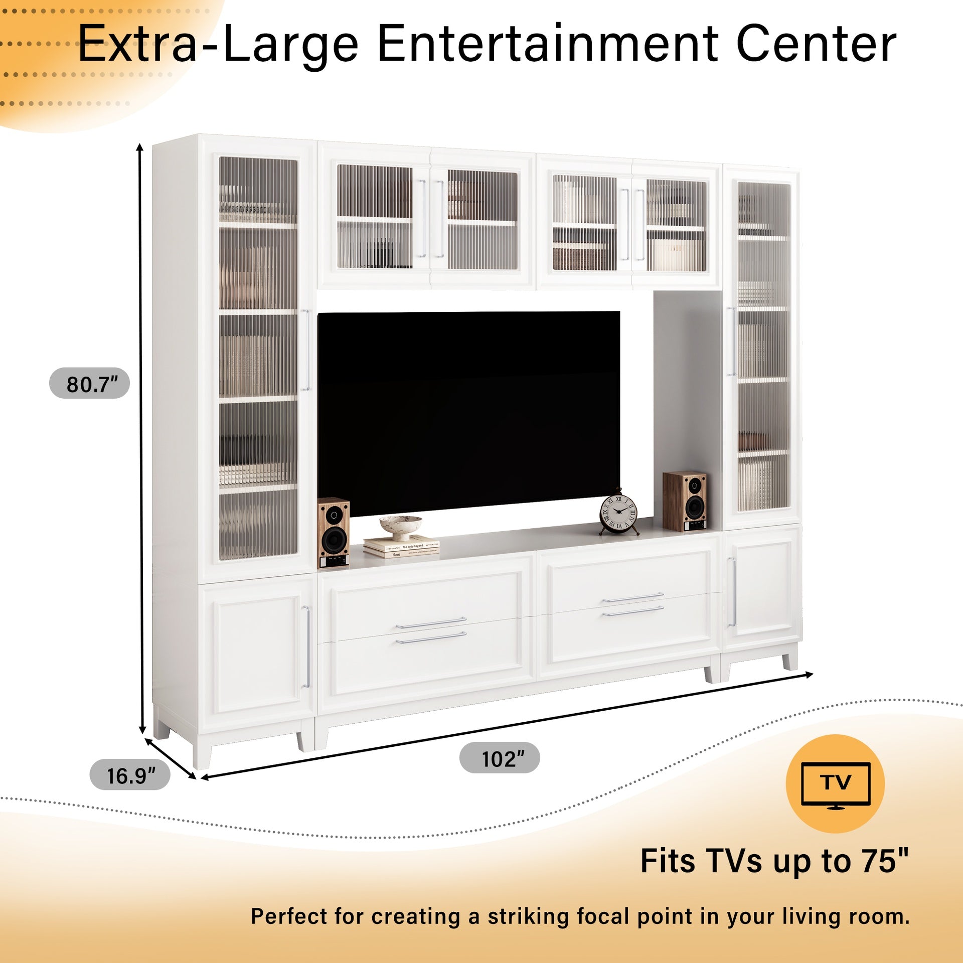 VIBE HAUS 102" W Wall Unit Modern Entertainment Center with Glass Doors for TVs up to 75", Large Minimalist TV Stand Media Console with Drawers for Living Room