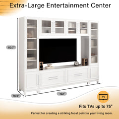 VIBE HAUS 102" W Wall Unit Modern Entertainment Center with Glass Doors for TVs up to 75", Large Minimalist TV Stand Media Console with Drawers for Living Room
