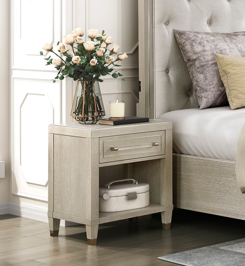 Elegant Light Oak Finish Nightstand with Charging Ports Storage Drawer and Shelf Modern Glam Bedroom Durable Wooden Furniture 1pc