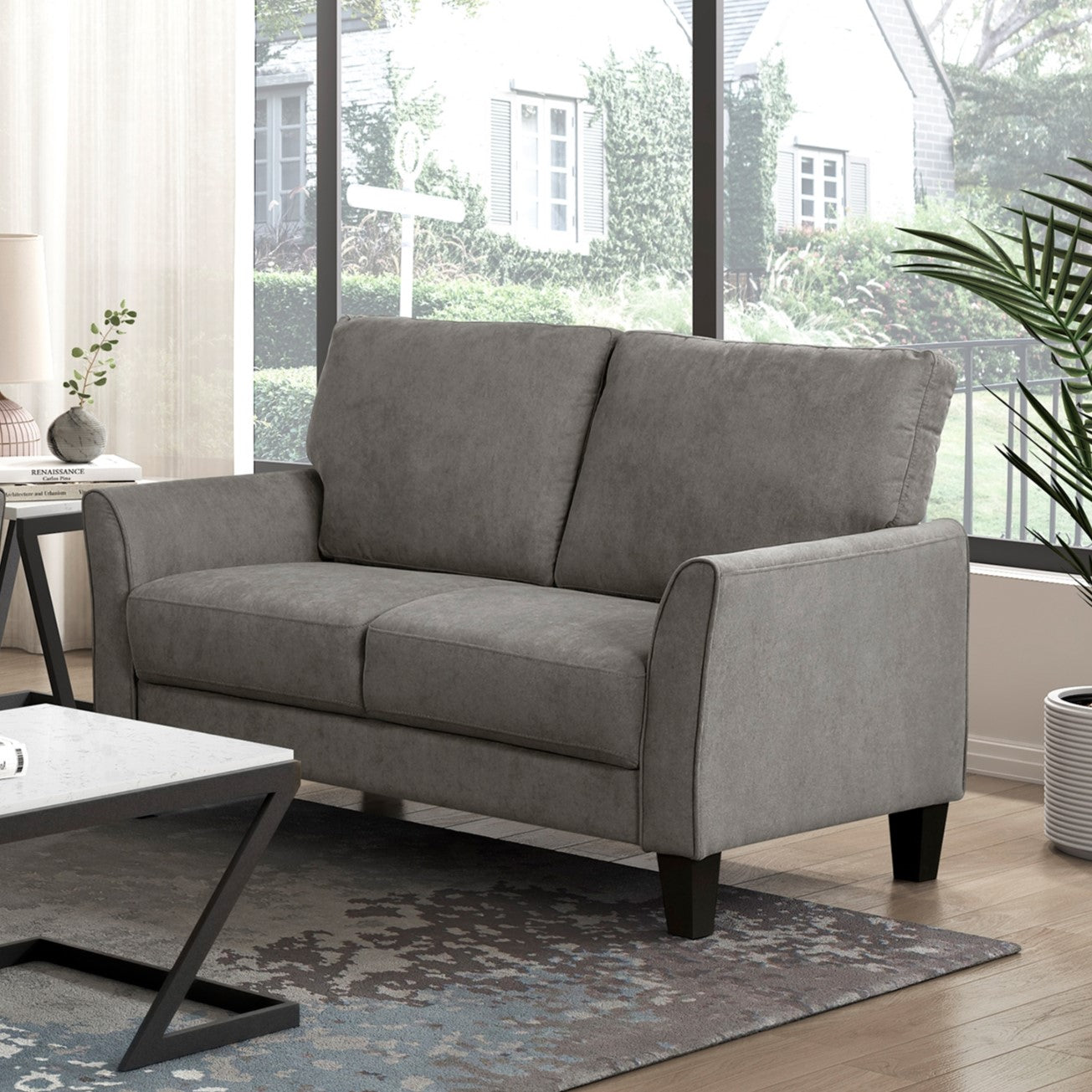 Modern Contemporary Sofa Set 2pc Brown Gray Upholstered Sofa Loveseat Plush Seat Comfort Durable Solid Wood Living Room Furniture
