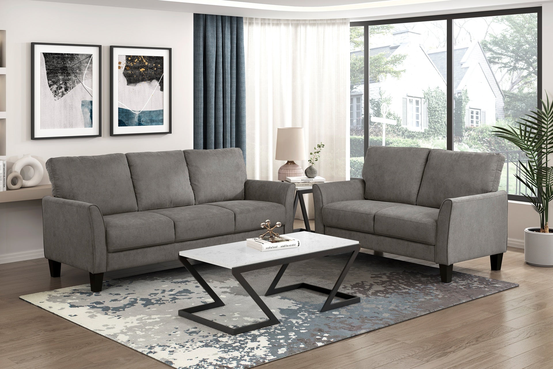 Modern Contemporary Sofa Set 2pc Brown Gray Upholstered Sofa Loveseat Plush Seat Comfort Durable Solid Wood Living Room Furniture