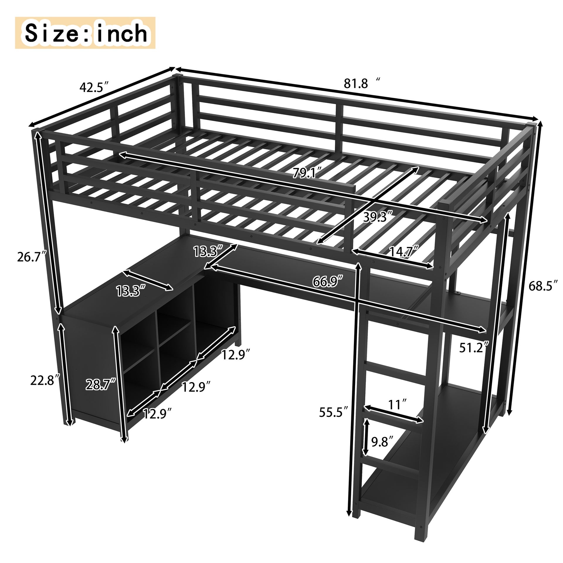 Metal Loft Bed with Wardrobe and L-shaped Desk, Twin XL Size Loft Bed with Storage Cubes and Shelves, Loft Bed for Kids Teens Adults, Black