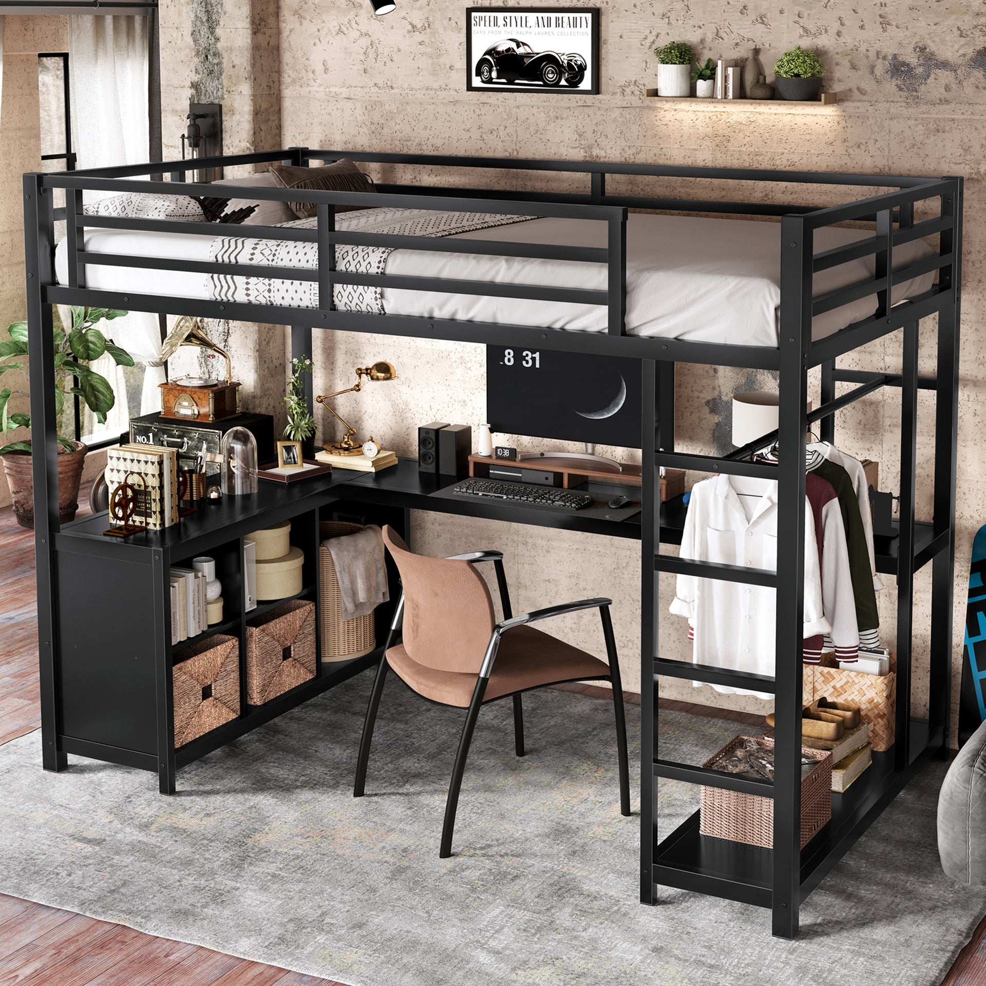 Metal Loft Bed with Wardrobe and L-shaped Desk, Twin XL Size Loft Bed with Storage Cubes and Shelves, Loft Bed for Kids Teens Adults, Black