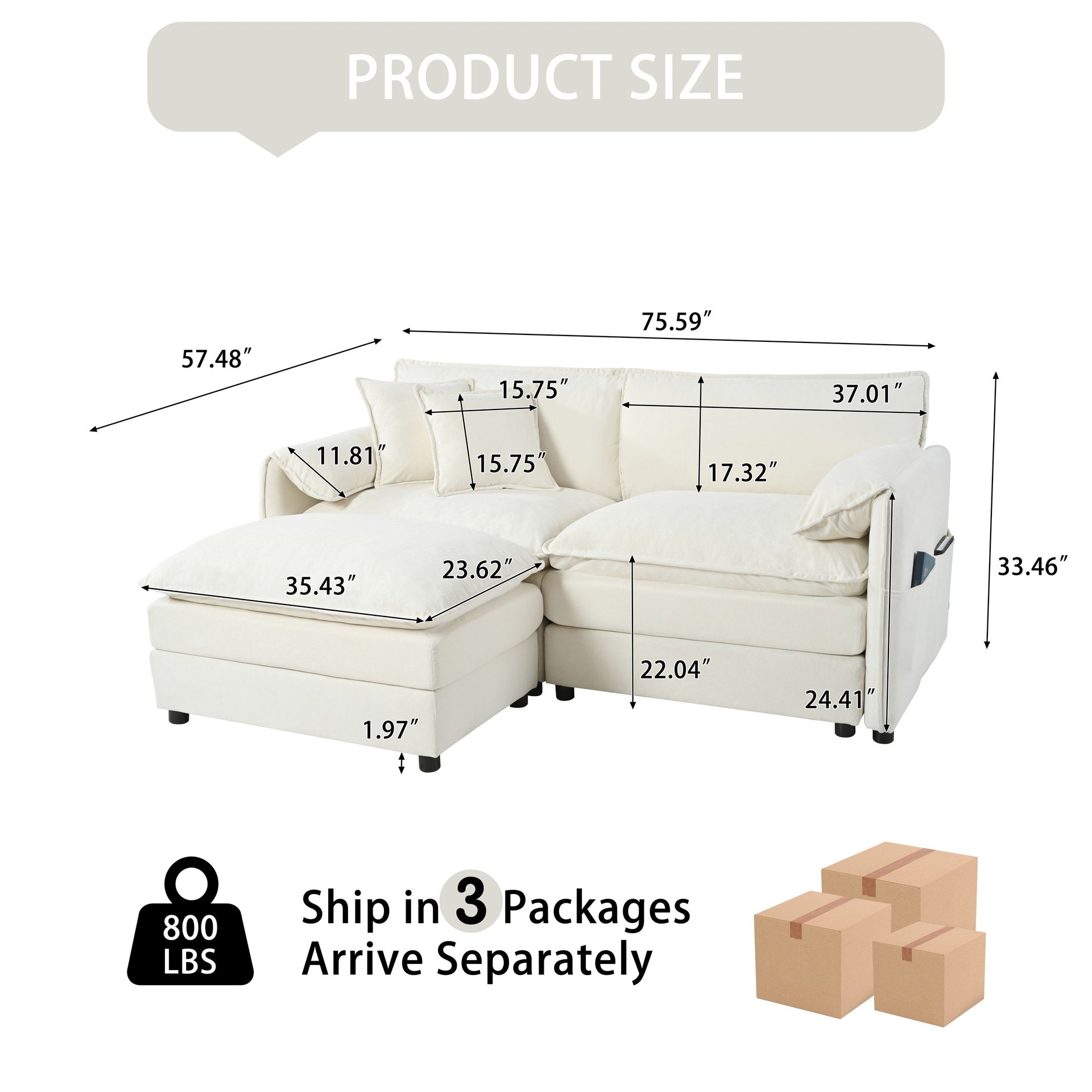 Deep Seat Sectional Sofa Cloud Couch with Ottoman,  Modern Chenille Comfy Love Seat Upholstered Modular L Shaped Couch for Living Room, Apartment, Office,DIY Combination,Beige