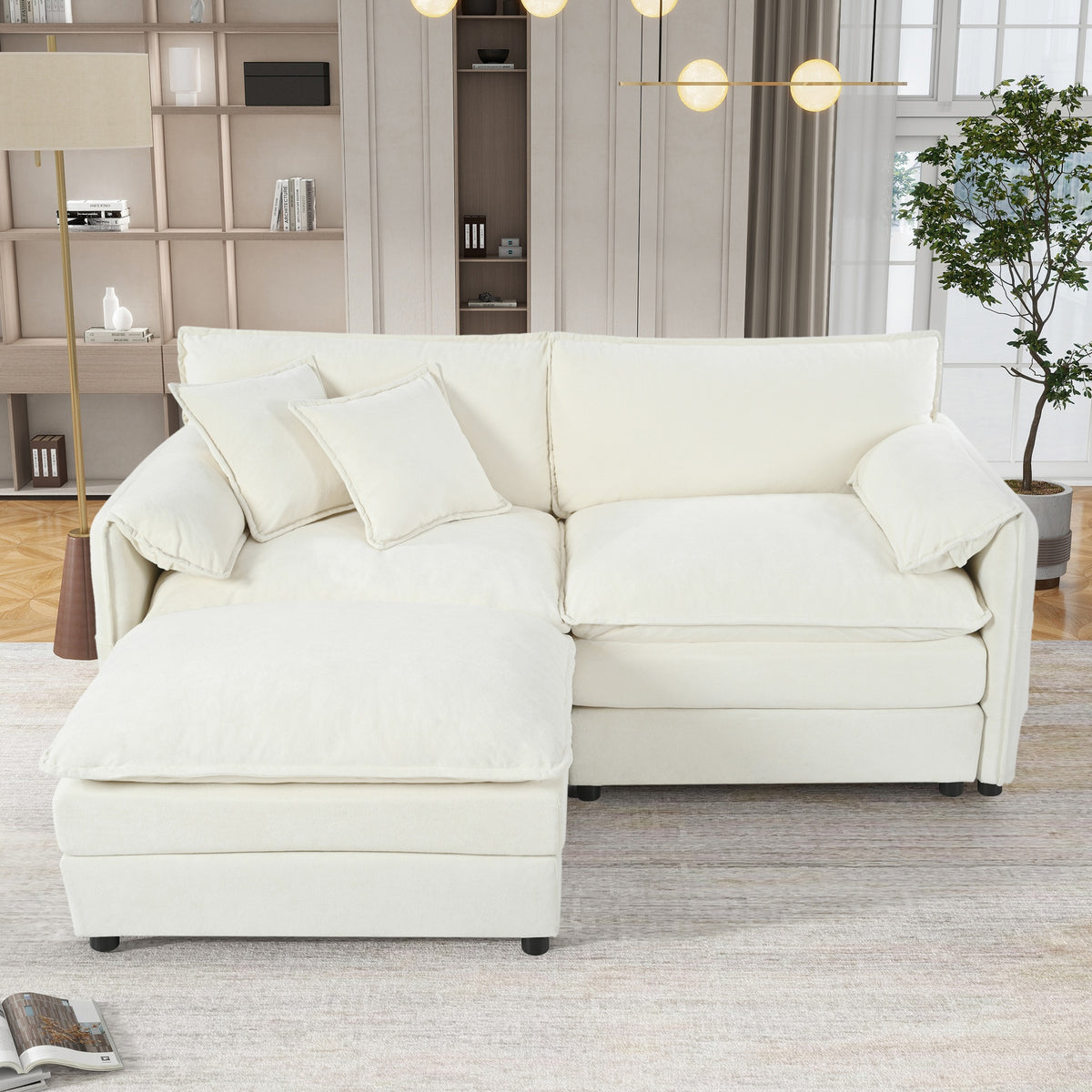 Deep Seat Sectional Sofa Cloud Couch with Ottoman,  Modern Chenille Comfy Love Seat Upholstered Modular L Shaped Couch for Living Room, Apartment, Office,DIY Combination,Beige