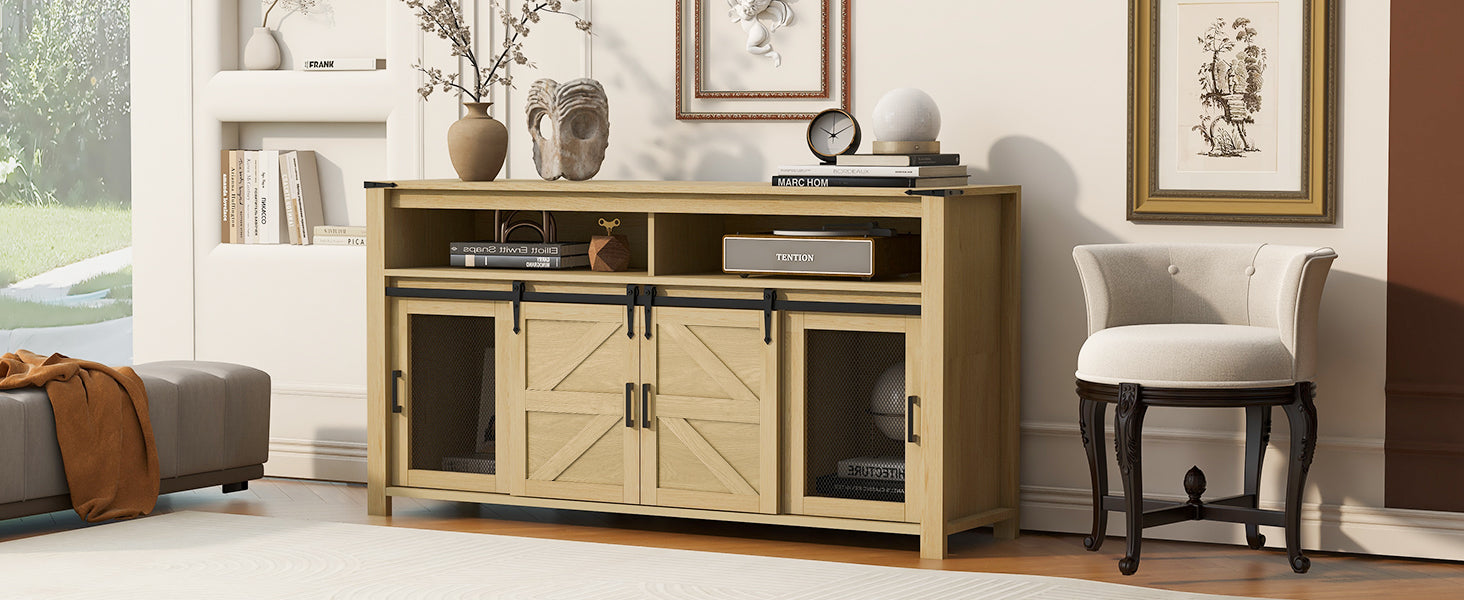 U_STYLE 59.3''Sideboard with Sliding Barn Door and Mesh Panels,Farmhouse Buffet with Open Storage,Suitable for Living Room, Hallway, Balcony,Kitchen, Office