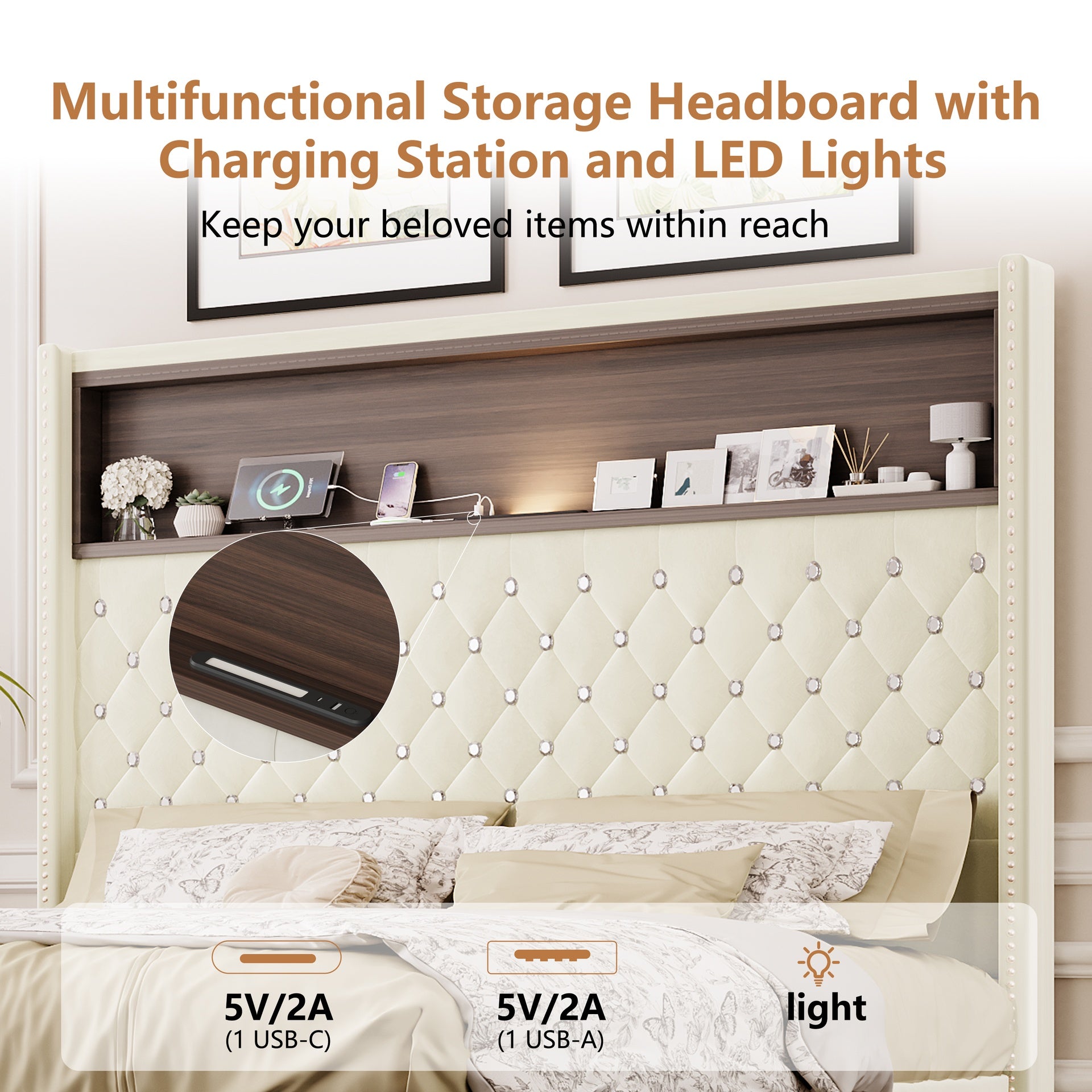Full Size Velvet Tufted Soft Bed Frame with USB Port and Night Light,52''High Headboard with Rivet Decoration,Wing-back Platform Bed with Headboard Shelf,Beige