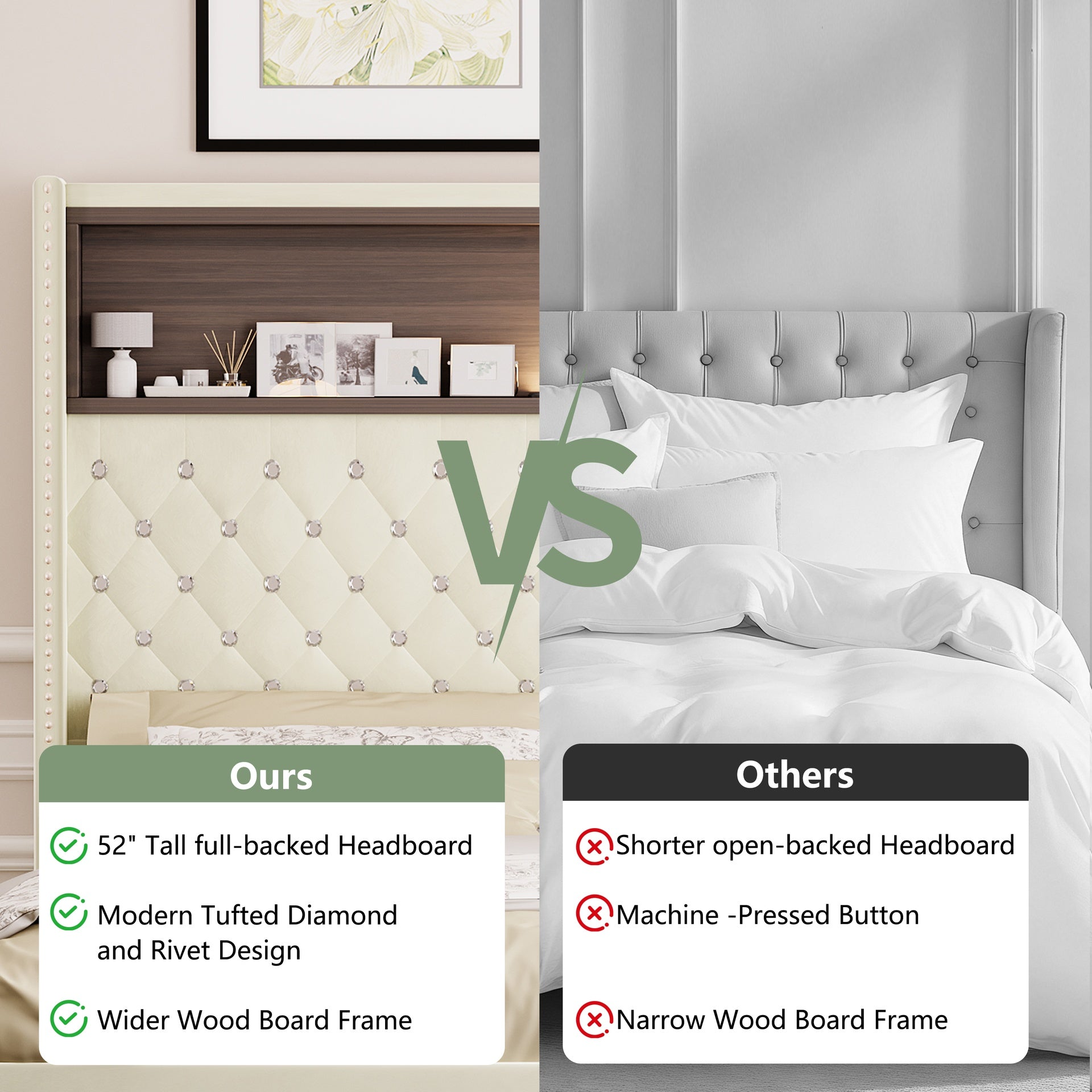 Full Size Velvet Tufted Soft Bed Frame with USB Port and Night Light,52''High Headboard with Rivet Decoration,Wing-back Platform Bed with Headboard Shelf,Beige