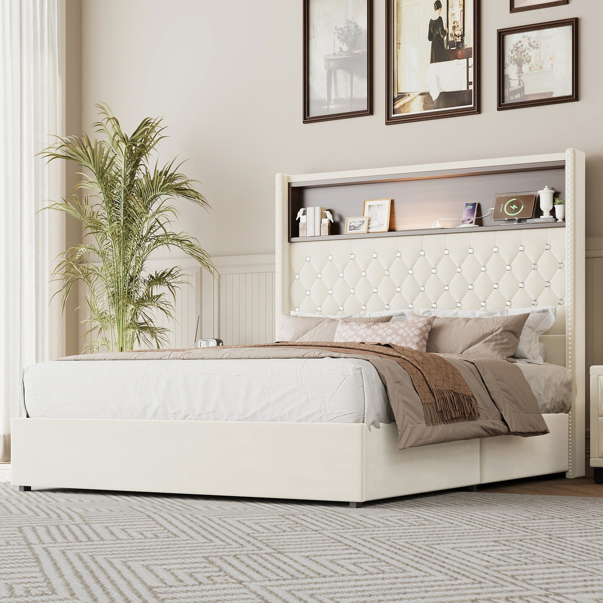 Full Size Velvet Tufted Soft Bed Frame with USB Port and Night Light,52''High Headboard with Rivet Decoration,Wing-back Platform Bed with Headboard Shelf,Beige