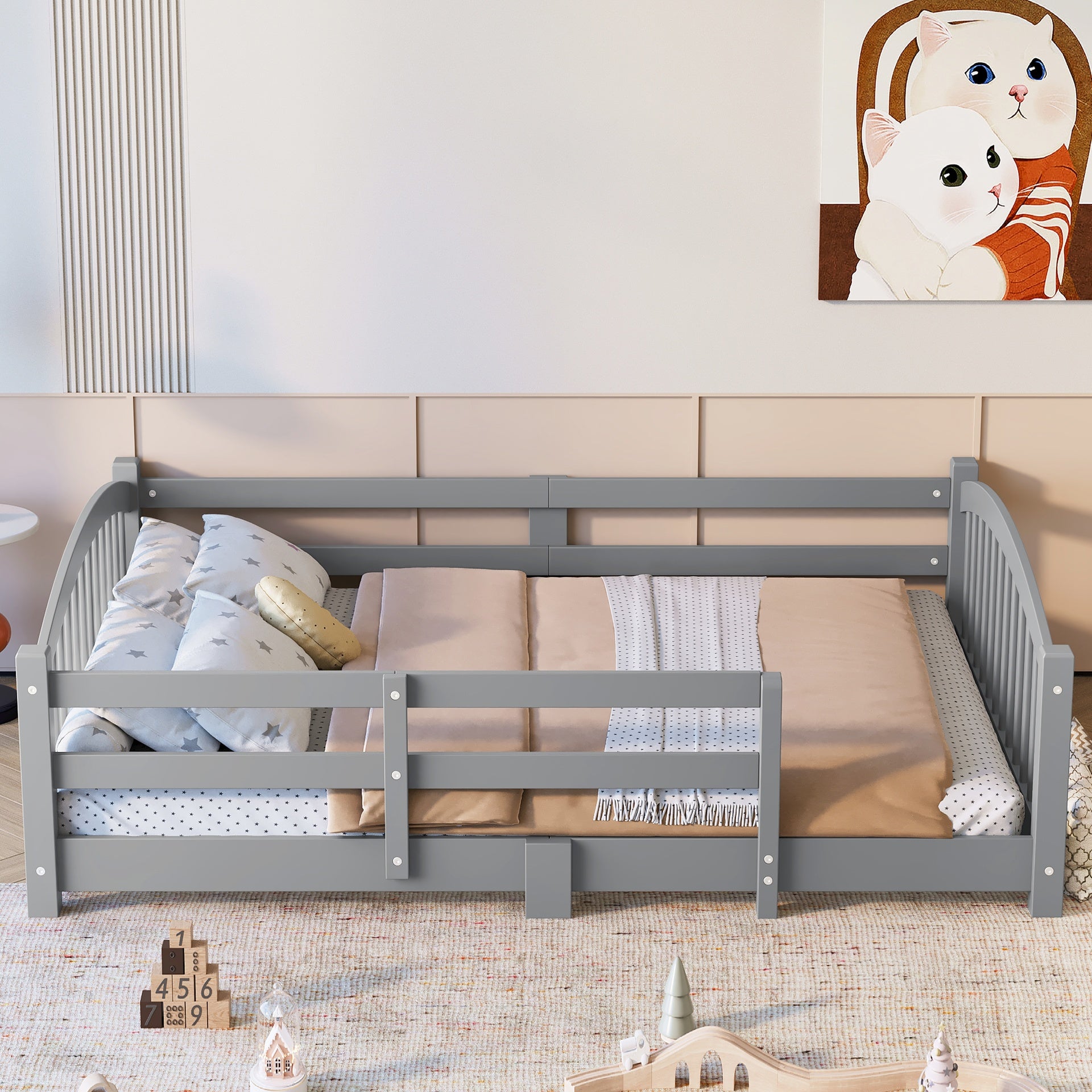 Full Montessori Floor Bed with Slats and Safety Guardrails, Solid Wood Floor Bed with Fence and Without Door, Easy Assemble Montessori Bed for Girls and Boys, Gray