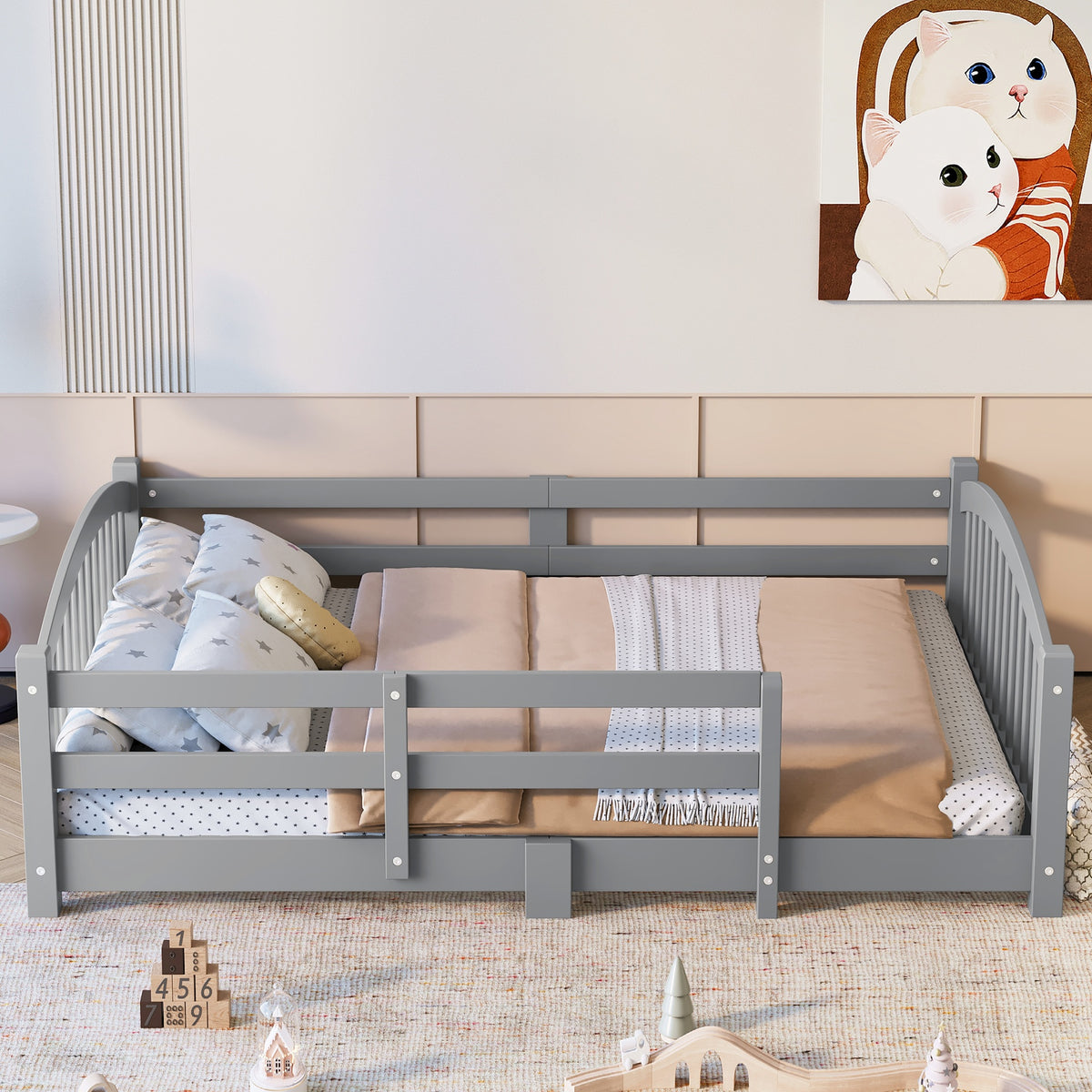 Full Montessori Floor Bed with Slats and Safety Guardrails, Solid Wood Floor Bed with Fence and Without Door, Easy Assemble Montessori Bed for Girls and Boys, Gray