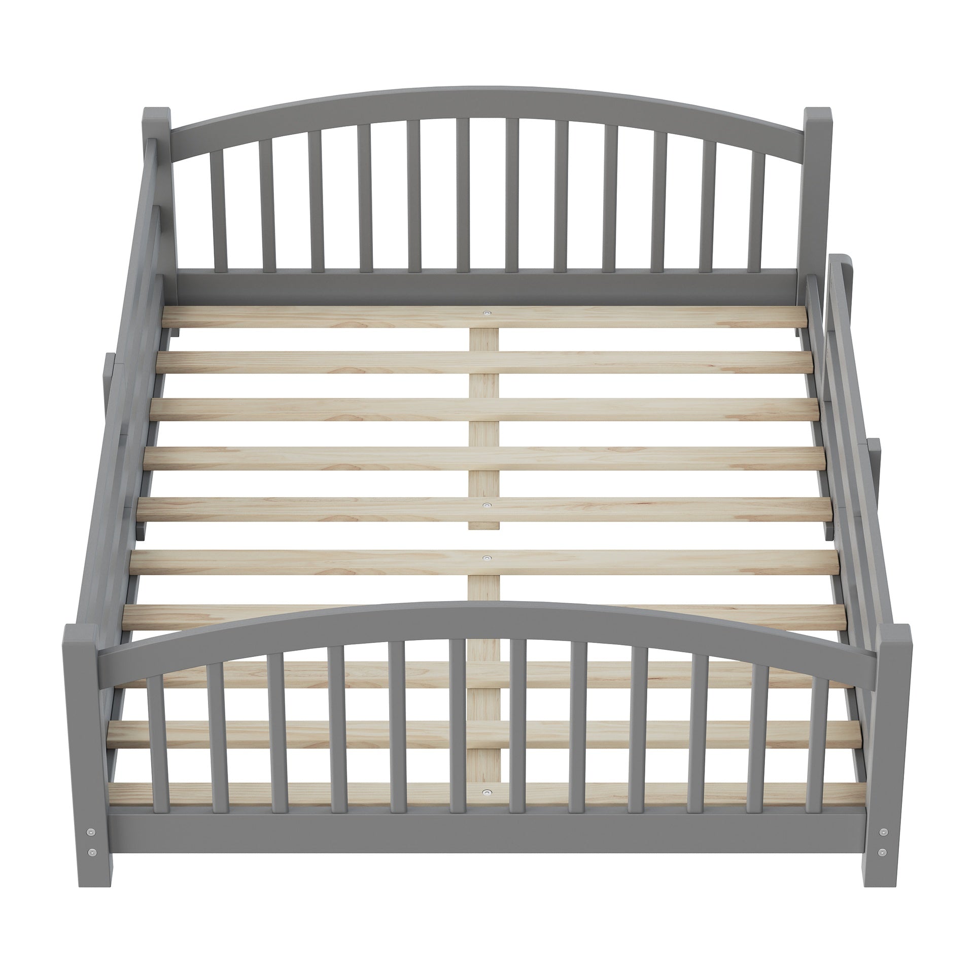 Full Montessori Floor Bed with Slats and Safety Guardrails, Solid Wood Floor Bed with Fence and Without Door, Easy Assemble Montessori Bed for Girls and Boys, Gray