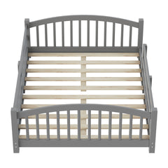Full Montessori Floor Bed with Slats and Safety Guardrails, Solid Wood Floor Bed with Fence and Without Door, Easy Assemble Montessori Bed for Girls and Boys, Gray
