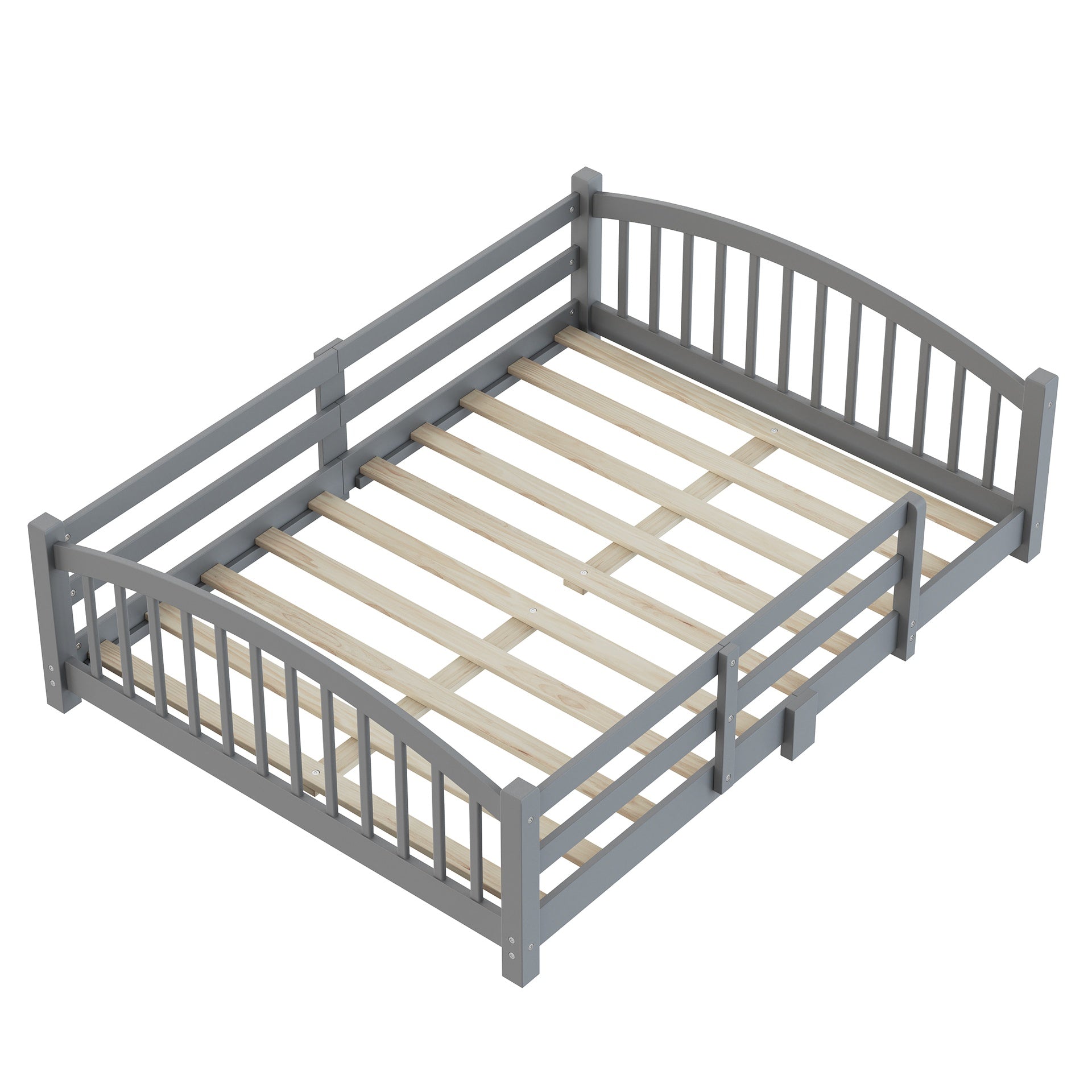 Full Montessori Floor Bed with Slats and Safety Guardrails, Solid Wood Floor Bed with Fence and Without Door, Easy Assemble Montessori Bed for Girls and Boys, Gray