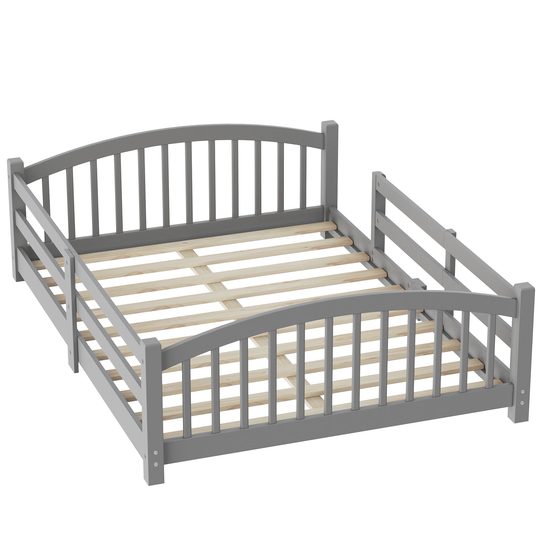 Full Montessori Floor Bed with Slats and Safety Guardrails, Solid Wood Floor Bed with Fence and Without Door, Easy Assemble Montessori Bed for Girls and Boys, Gray