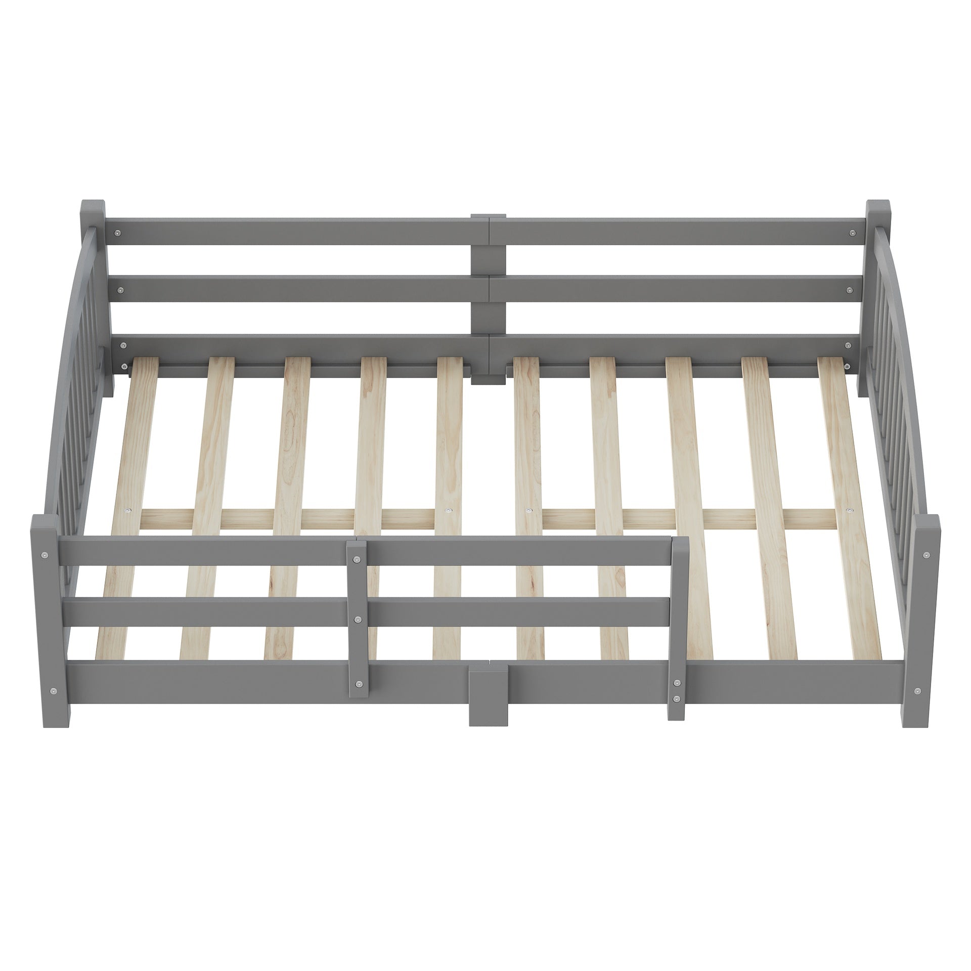 Full Montessori Floor Bed with Slats and Safety Guardrails, Solid Wood Floor Bed with Fence and Without Door, Easy Assemble Montessori Bed for Girls and Boys, Gray