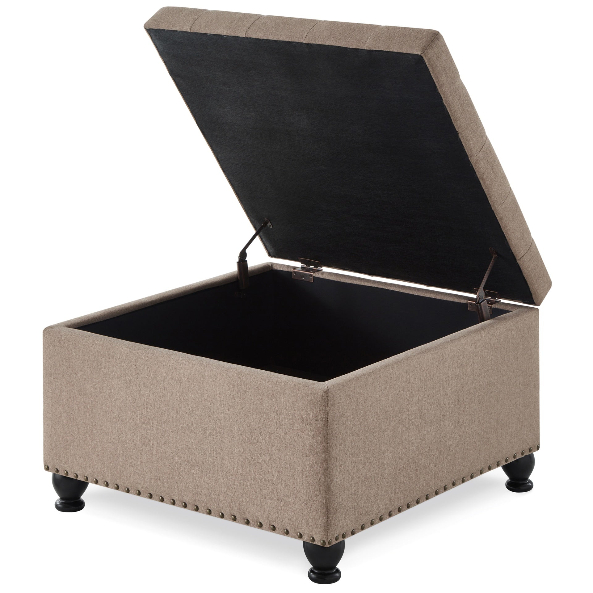 Large square storage ottoman with wooden legs, Upholstered button tufted coffee table with nail trims for for Living Space,Linen
